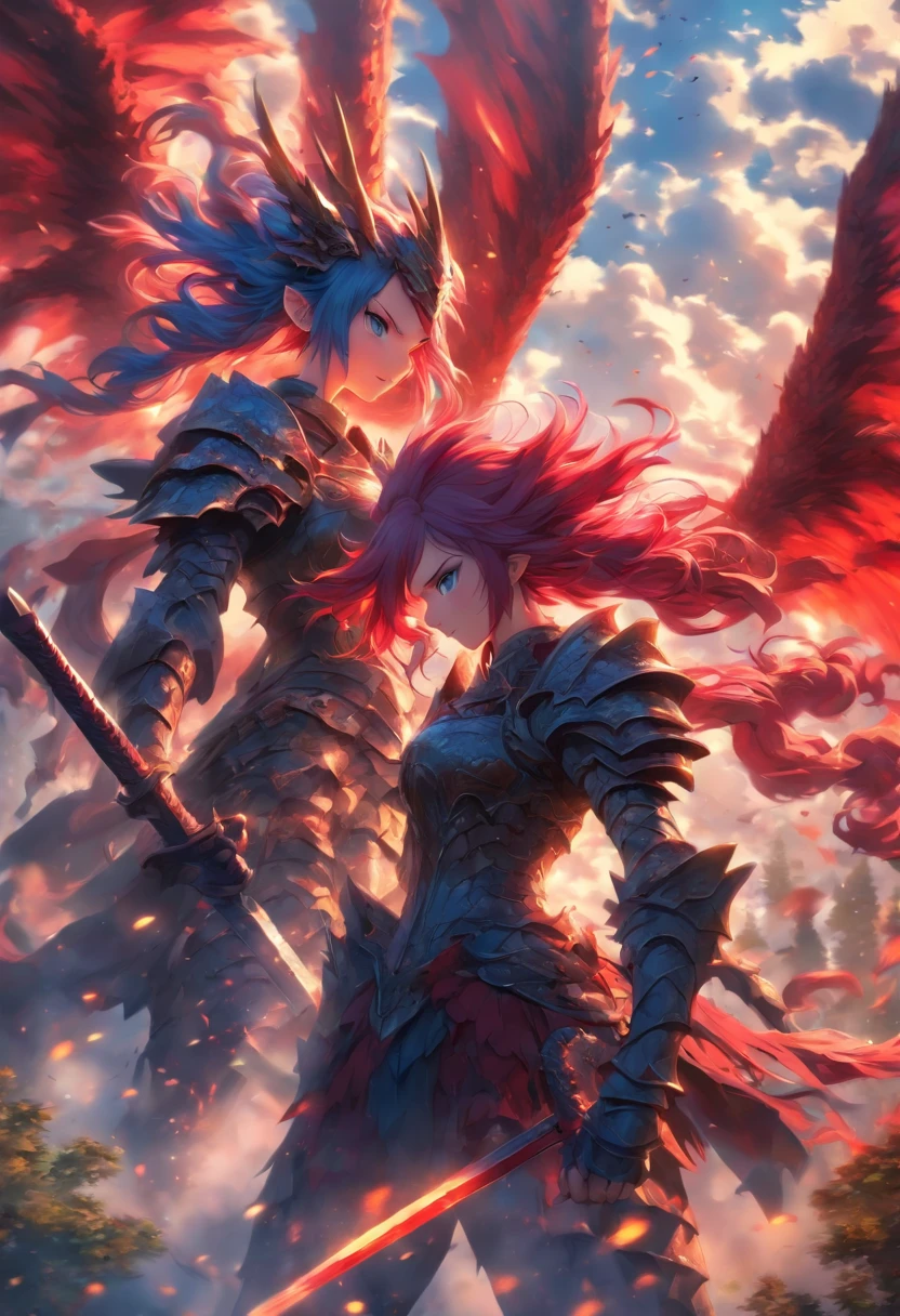 2 girls in armor with long sword, Blue and red hair fight against devils with, Dragon-like wings hinder clouds and forest, UHD, masterpiece, anatomically correct, high details, super detail, textured skin, best quality, 8k