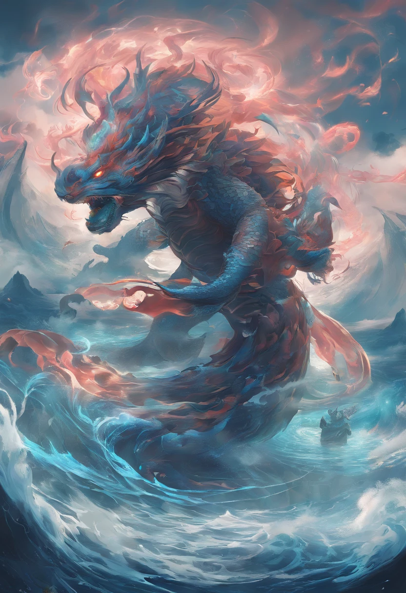 China-style，Chinese mythology，Xuanwu，faucet，Turtle body，Snake tail，has horns on its head，tosen，Ferocious，gargantuan，The eyes glow blue light，the sea，Huge waves，surrounded by cloud，中景 the scene is，Full body like， highly detailed surreal vfx，oc rendered， - AR 16:9 --q 2 --s 1000