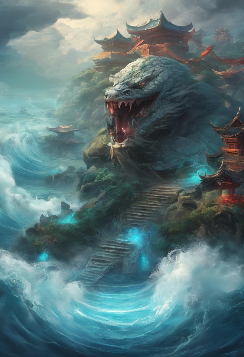 Xuanwu（The body of a turtle，Dragon's head，The long tail of the snake），tosen，Huge waves，China-style，oc rendered，super-fine，Hyper-realistic，Ultra photo realsisim，high qulity，8K high resolution，ultra - detailed
