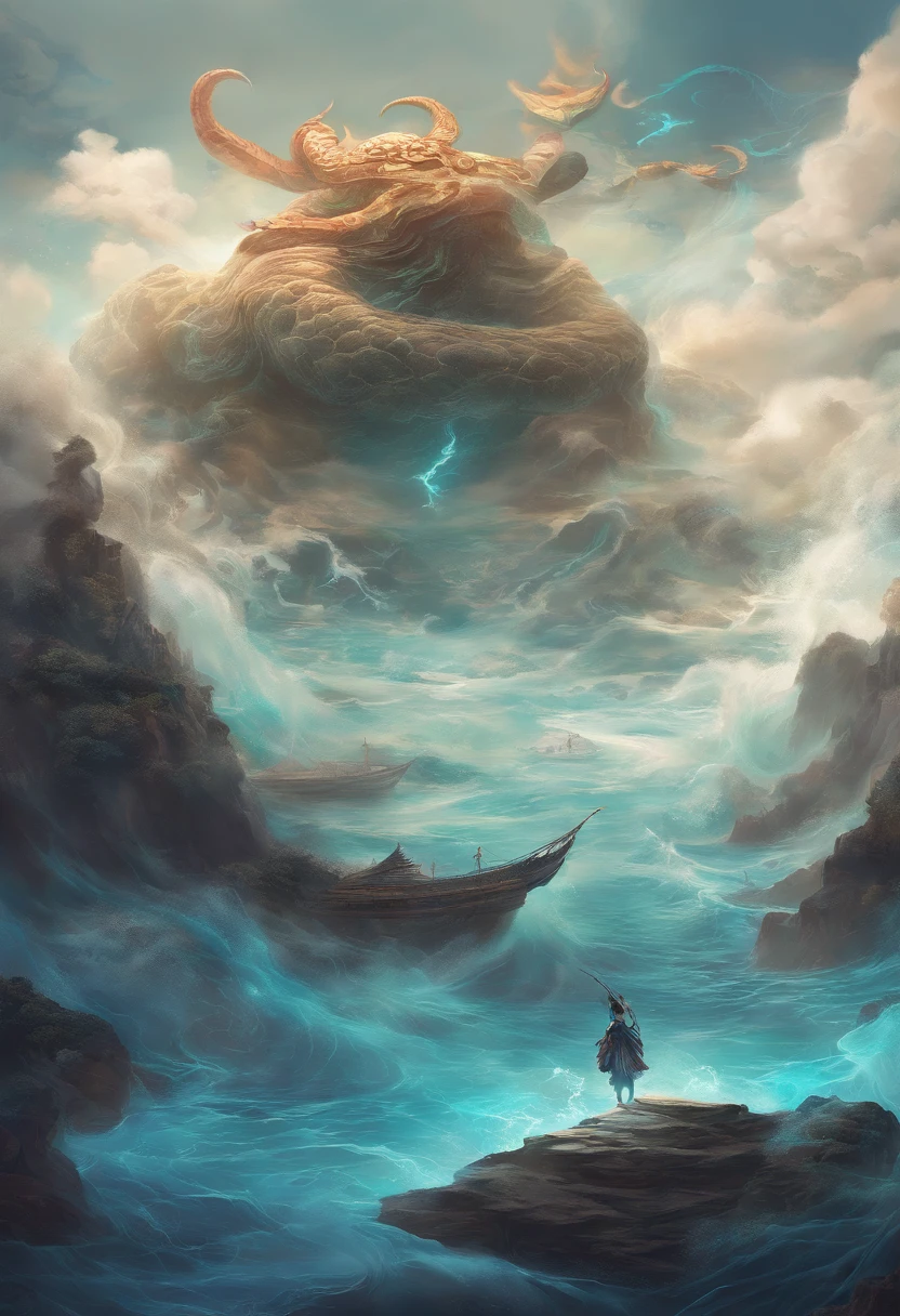 China-style,Chinese mythology,Xuanwu,faucet,Turtle body,Snake tail,has horns on its head,tosen,Ferocious,gargantuan,The eyes glow blue light,the sea,Huge waves,surrounded by cloud,中景 the scene is,Full body like, highly detailed surreal vfx,oc rendered, - AR 16:9 --q 2 --s 1000