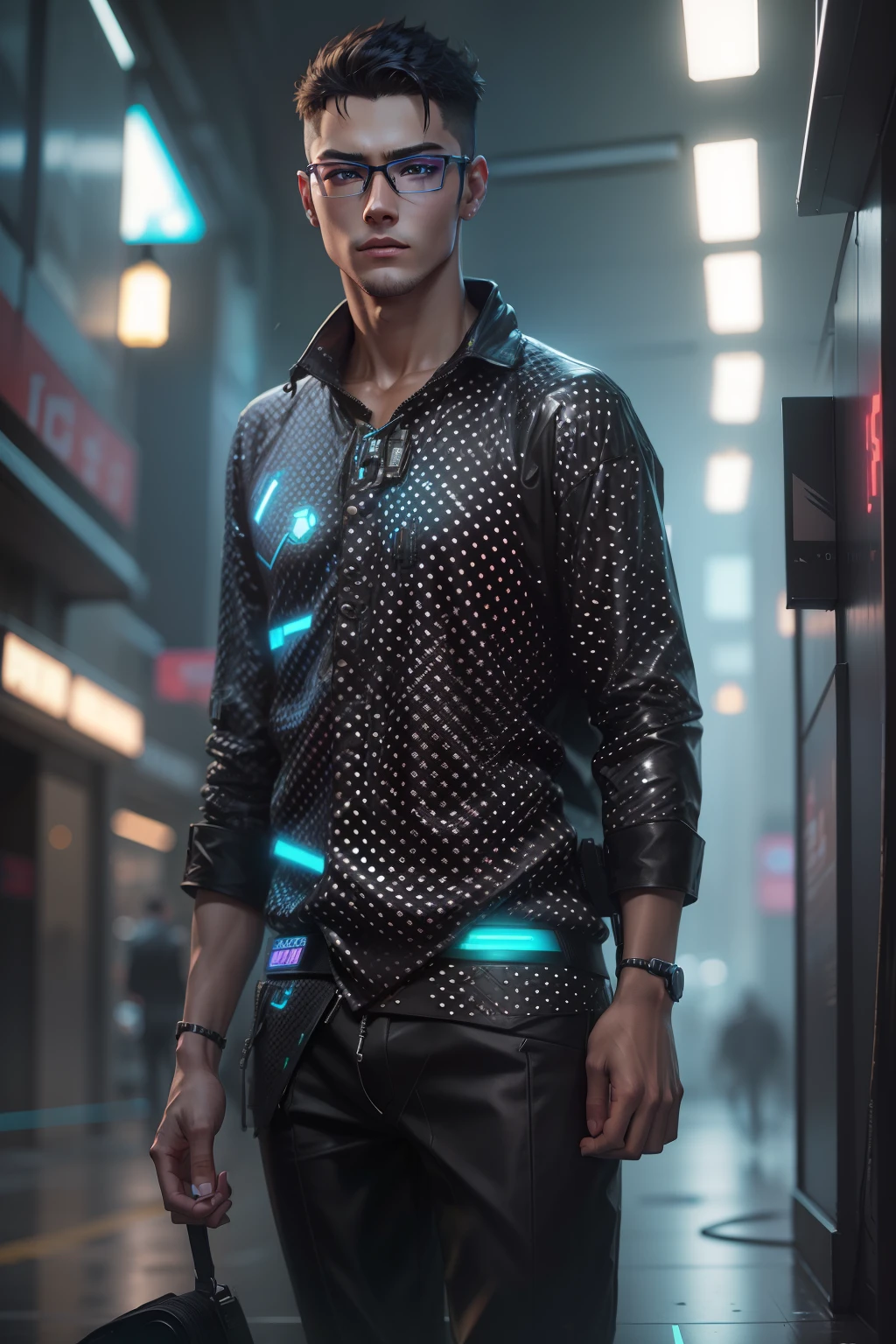 Cyberpunk, high quality, handsome boy, ultra realistic, like ai, with eye glass, real face