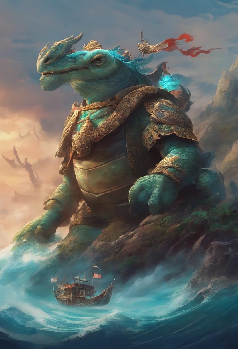 China-style,Chinese mythology,Xuanwu,faucet,Turtle body,Heavy tortoise shell,Snake tail,has horns on its head,tosen,Ferocious,gargantuan,The eyes glow blue light,the sea,Huge waves,surrounded by cloud,中景 the scene is,Full body like, highly detailed surreal vfx,oc rendered, - AR 16:9 --q 2 --s 1000