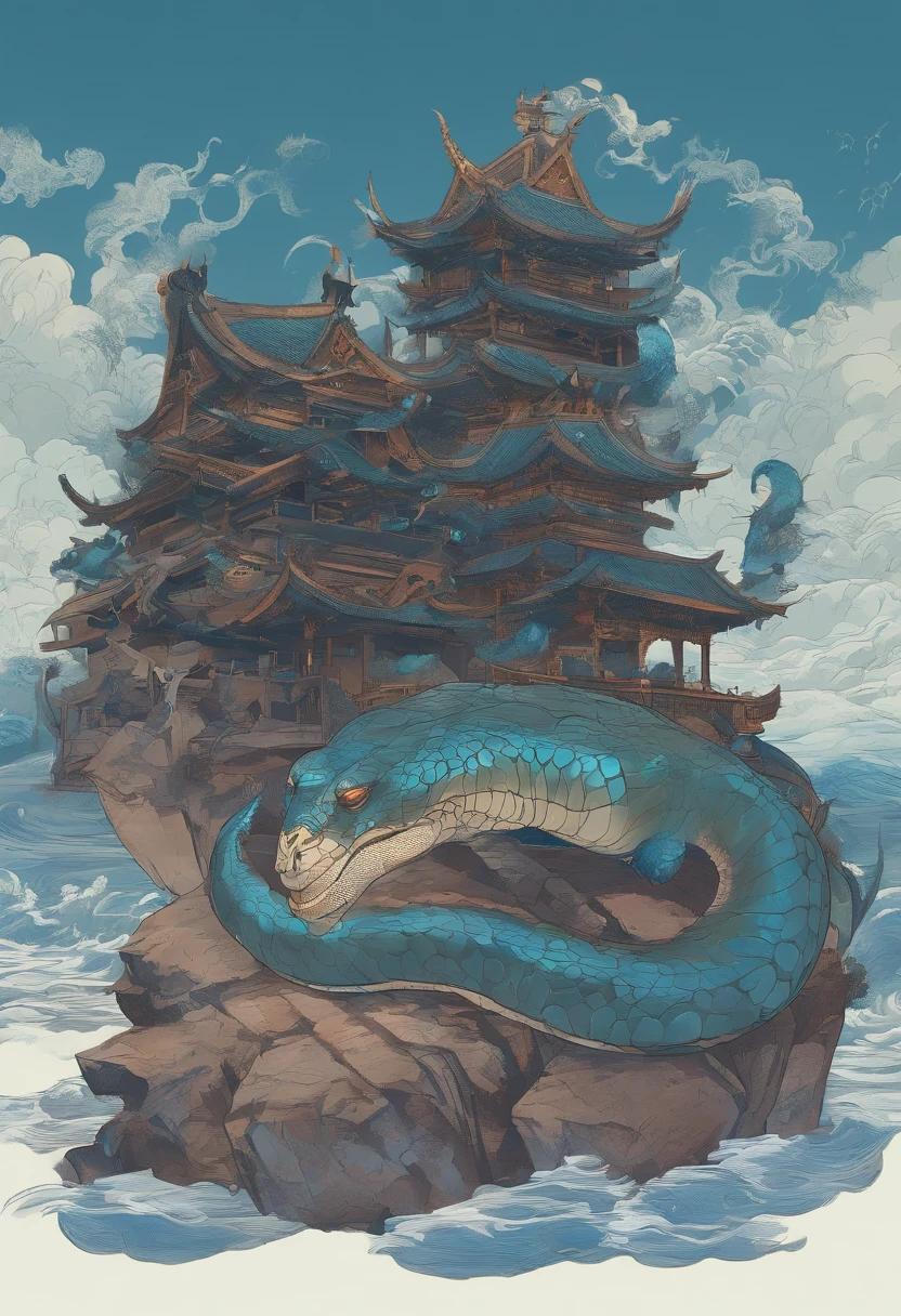 China-style，Chinese mythology，Xuanwu，faucet，Turtle body，Heavy tortoise shell，Snake tail，has horns on its head，tosen，Ferocious，gargantuan，The eyes glow blue light，the sea，Huge waves，surrounded by cloud，中景 the scene is，Full body like， highly detailed surreal vfx，oc rendered， - AR 16:9 --q 2 --s 1000
