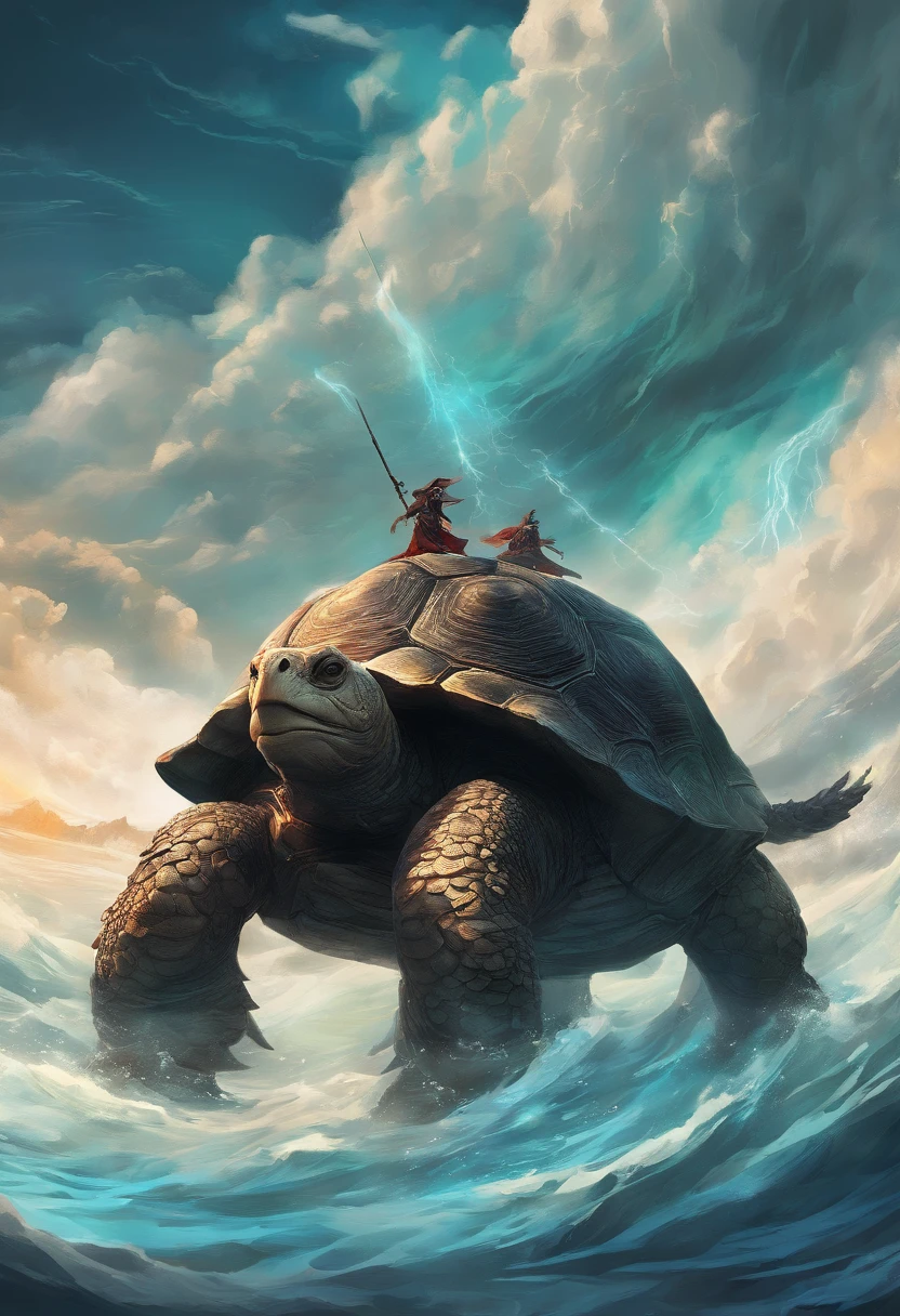 China-style,Chinese mythology,Xuanwu,faucet,Turtle body,Heavy tortoise shell,Snake tail,has horns on its head,tosen,Ferocious,gargantuan,The eyes glow blue light,the sea,Huge waves,surrounded by cloud,中景 the scene is,Full body like, highly detailed surreal vfx,oc rendered, - AR 16:9 --q 2 --s 1000