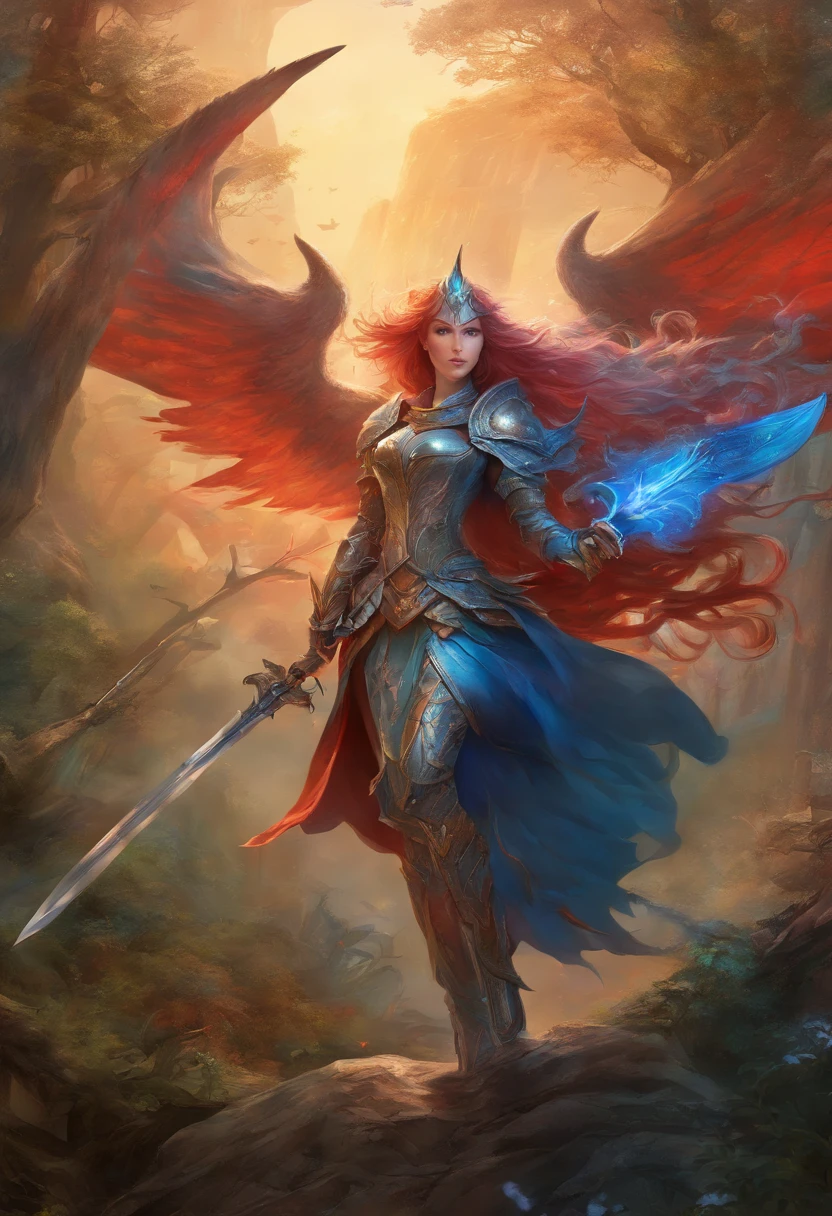 2 girls in armor with long sword, Blue and red hair fight against devils with, Dragon-like wings hinder clouds and forest, UHD, masterpiece, anatomically correct, high details, super detail, textured skin, best quality, 8k