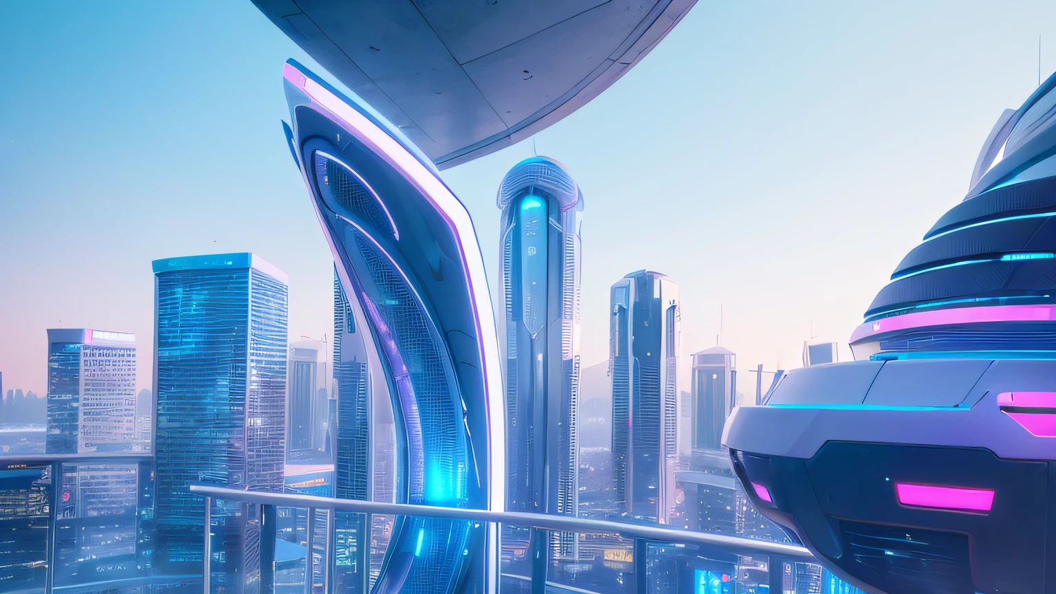 futuristic synthwave design, Alien synthwave structure, vaporwave. View of a balcony. Leisure area, futuristic living room. Technological environment. Futuristic, Future. futuristic city skyline. technologies, White and blue, 8K, Realistic photo, deep color, fantastical, intricate detail, splash screen, complementary colors, 8k resolution trending on Artstation Unreal Engine 5"