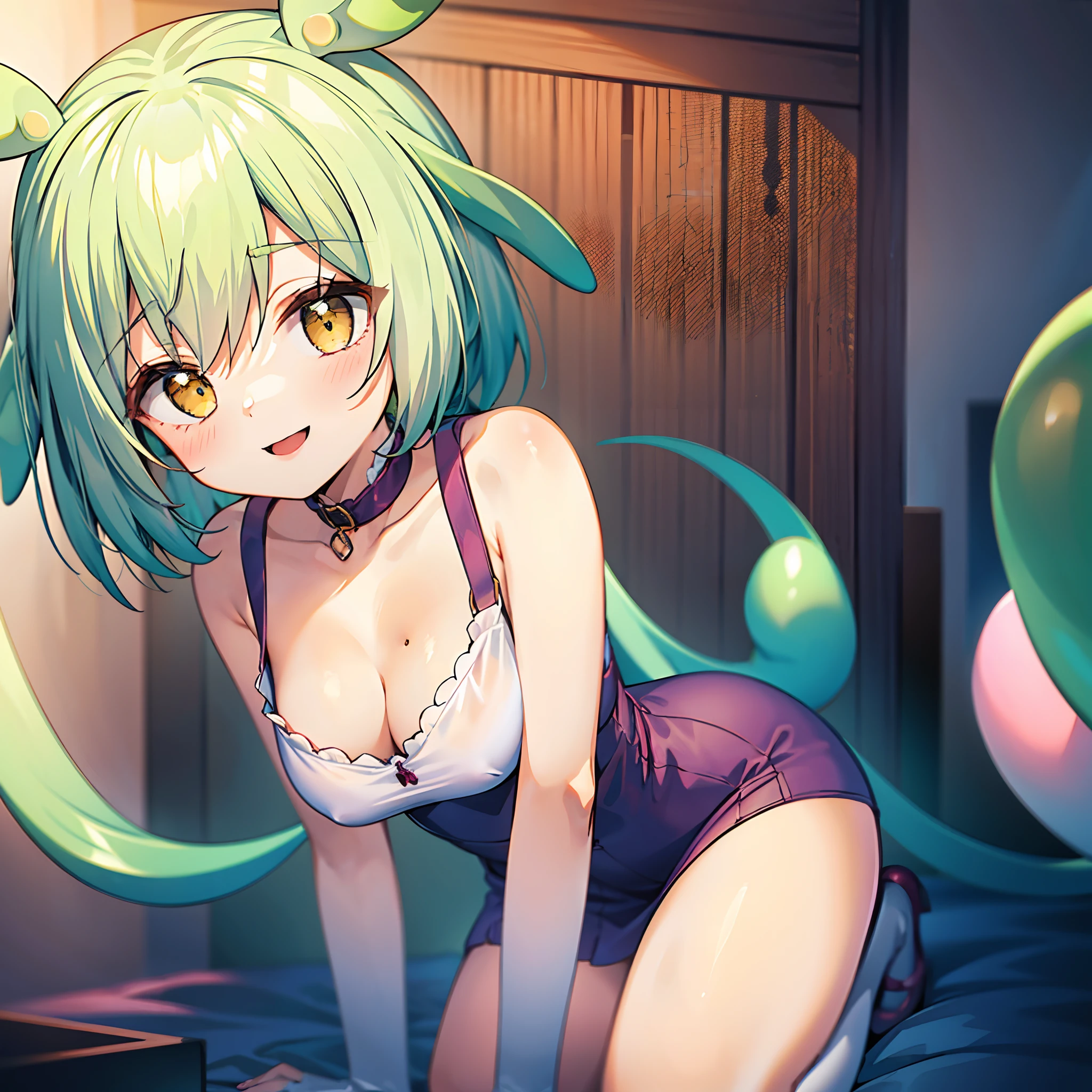 a beauty girl，Yellow-green hair，bobhair、short-hair、Gentle drooping eyes，large full breasts、校服，Manga style，fulcolor，hi-school girl，Calm and gentle face，Big smile、innocent smiles、 girl