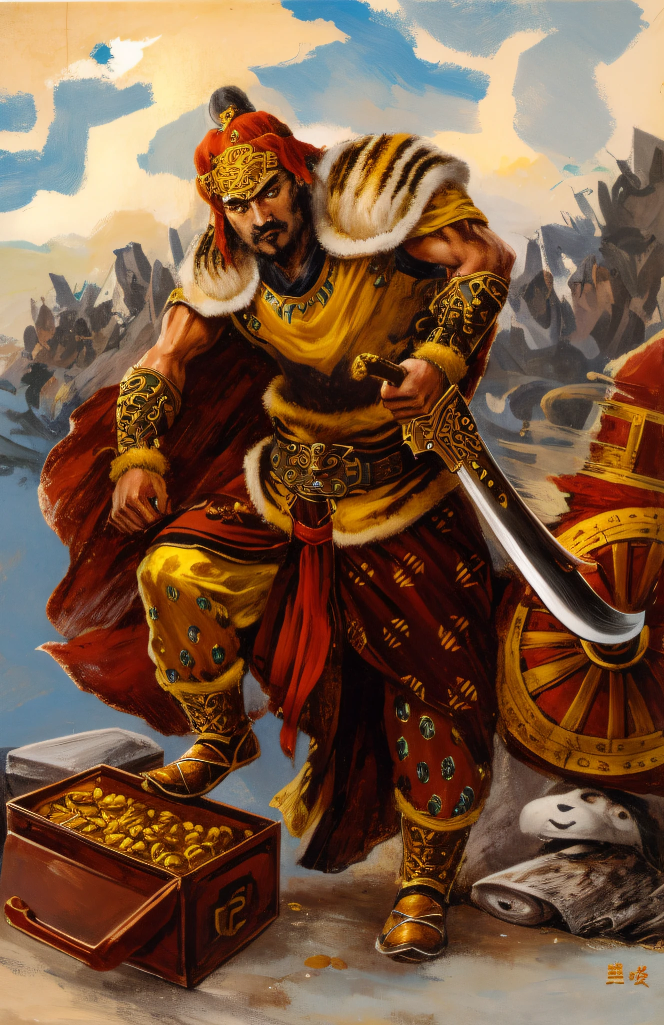 An ancient man holds a large knife，Wear a tigerskin top，There is a gold chest on the ground, Chinese martial arts, Photos of strong warriors, full-colour illustration, atlantean warrior, inspired by Li Kan, tai warlord, epic full color illustration, Snoop dogs as barbarians, ancient warrior, Chinese Warrior, naranbaatar ganbold, Bandits, zhangfei