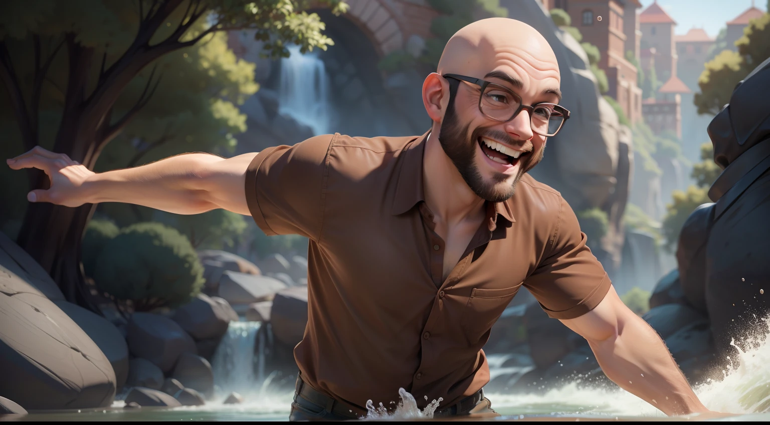 bald man wearing glasses, brown shirt, entering and playing in the river, Happy expression, pixar disney cartoon style