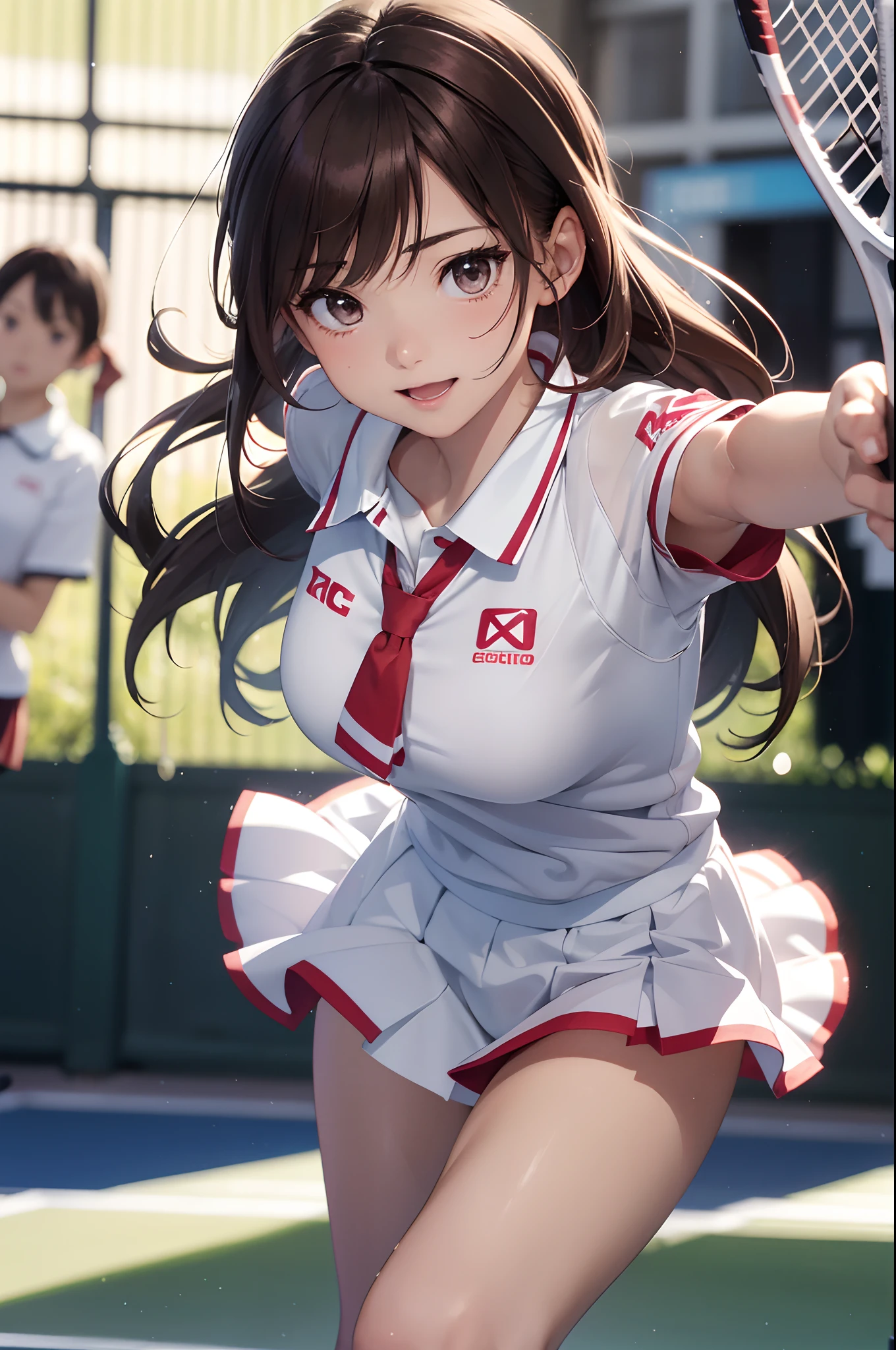 Official art, Unity 8k Wallpapers, ultra-detailliert, masterpiece, top-quality, 1人の女性, (ighly detailed),(Raw photography、top-quality)、(realisitic、Photorealsitic:1.3)、high-detail、Ultra-detailed complex 3D rendering of faces、(highlydetailed skin:1.2)、dynamic ungle, Mystical expression, Fireglow effect, profetional lighting, side lights, ciinematic light, 超A high resolution, 8K , film grains,Best Shadows, Particles of light, detailed skin textures, A detailed face, intricate-detail, ultra-detailliert, with light glowing, strong con, Looking back、Full body, tennis coat、beauitful face、blurry backround、18 year old beautiful girl、shinny skin、Twin-tailed、beautiful brown hair、Gray eyes、Tie your hair with a big red ribbon、(Tennis Uniforms、Holding a racket、dynamicposes:1.3)、raise arms、Smile with open mouth、Curve、Dynamic Poses、white panties、