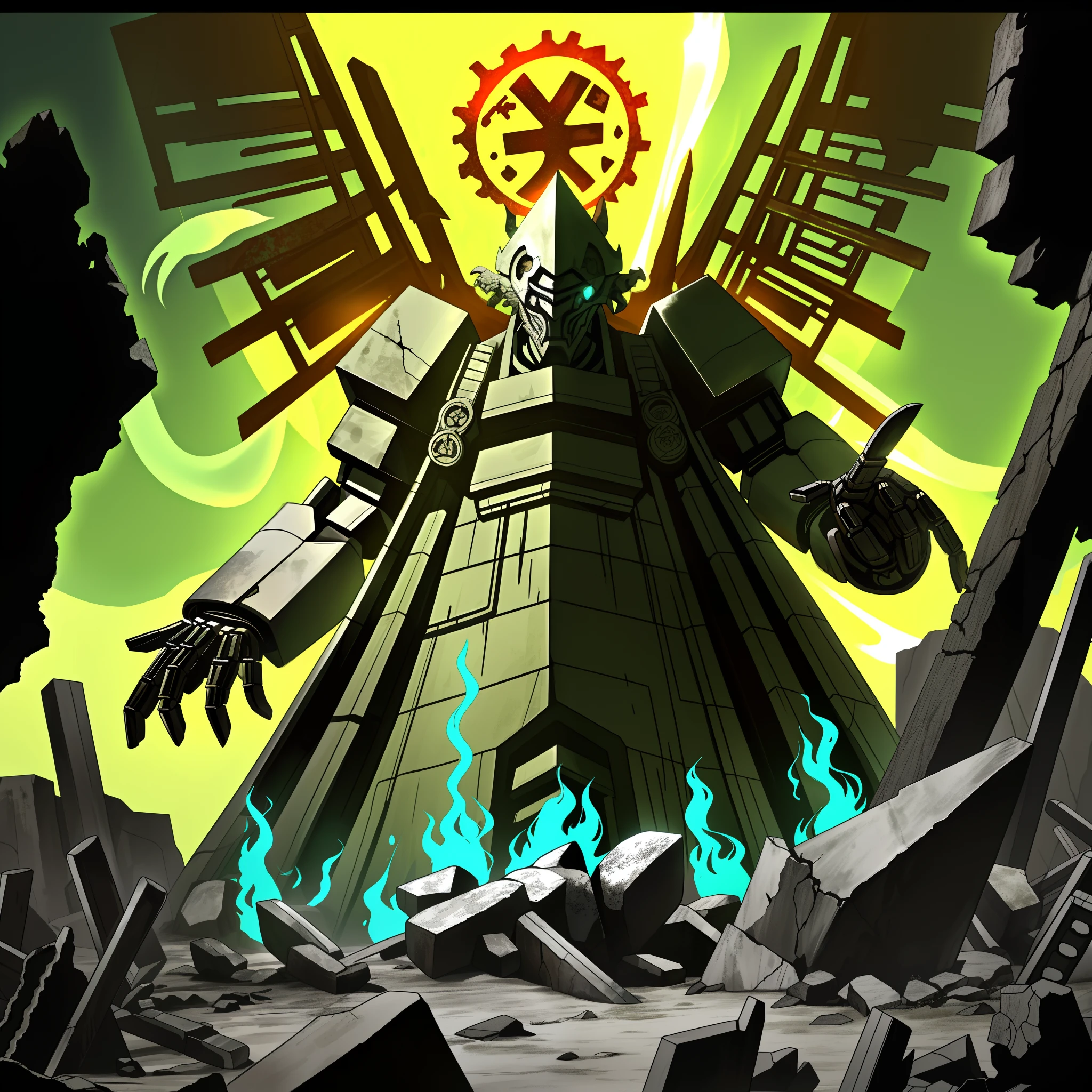 Huge mechanical hunter,(Tribal totem style：1.3), (Giant: 1.6), Super cool ghost killer, Wearing green mechanical armor,Holding a huge stone film hand axe, Stand at front, Super detailed, Realistic, Shiny, Reflective, Bio-luminescence, Galaxy Control Mask, Huge mech, (executioner:1.2), Cape, SH4G0D, illuminated runes_Red, full bodyesbian, Movie, Dark background, Backlight, High contrast,Break!, The ruins of a ruined building,The broken walls were covered with moss,White flowers grow on rubble piles,A bright green ghost fire ignited the rusty gears