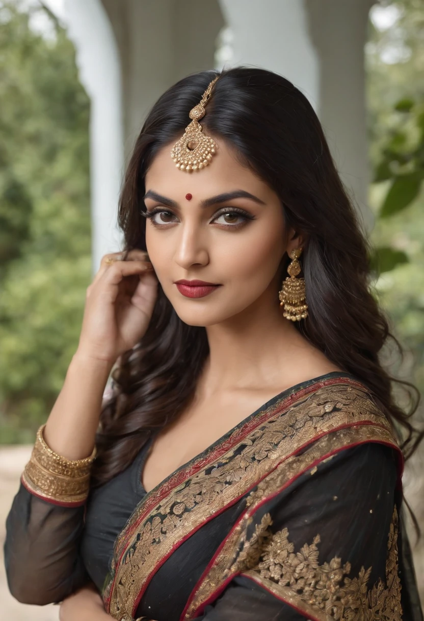 a 40-45 year old woman in a black shuit and salwar posing for a picture, indian goddess, traditional beauty, indian, beautiful goddess, ornate cosplay, indian style, indian super model, beautiful maiden, gorgeous woman, south east asian with long, provocative indian, gorgeous beautiful woman, intricate outfit, hindu aesthetic, beautiful asian girl, extremely detailed goddess shot, jaw-dropping beauty, big boobs deep cleavage sexy navel