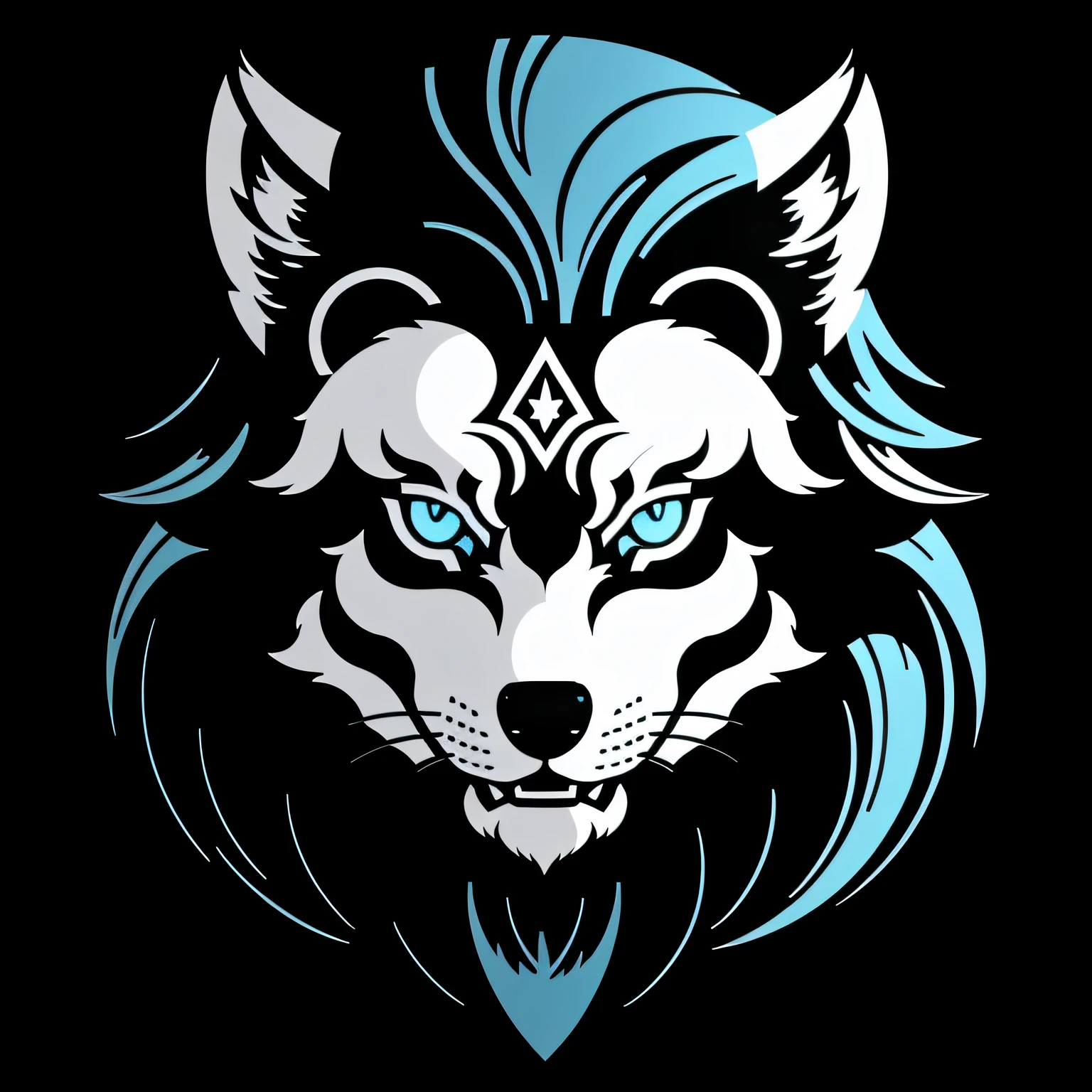 A detailed illustration face wolf,magic, esports, ((glowing blue)), howling, shield shaped logo, #47DEFF hex, dark blue second color,  soccer logo, dark, ghotic, t-shirt design, in the style of Studio Ghibli, pastel tetradic colors, 3D vector art, cute and quirky, fantasy art, glowing blue, soccer ball esports, Adobe Illustrator, hand-drawn, digital painting, minimalist, low-poly, soft lighting, bird's-eye view, isometric style, retro aesthetic, focused on the character, 4K resolution, photorealistic rendering, using Cinema 4D