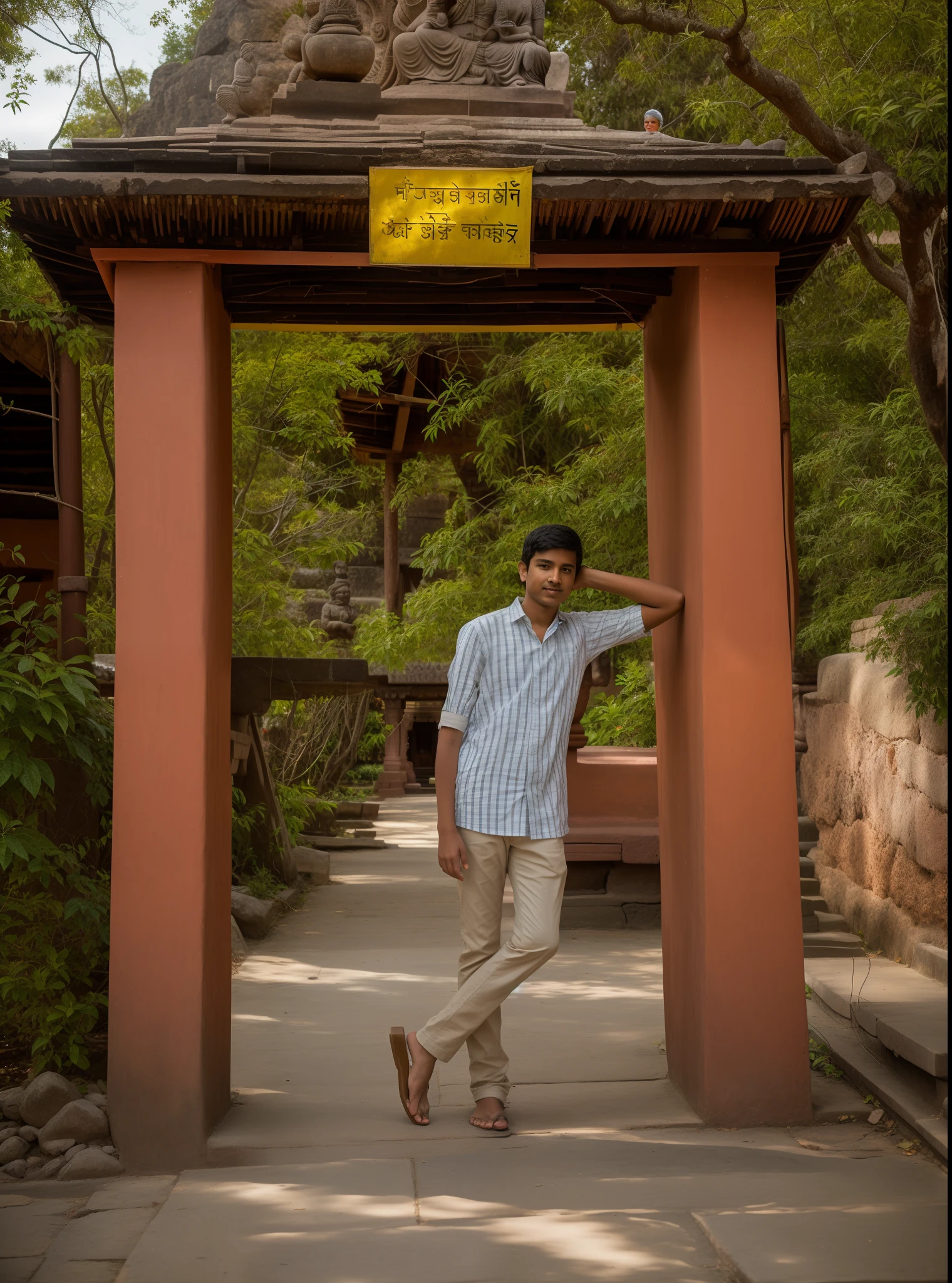 there is a boy standing in front of a small structure, full body photogenic shot, in front of a temple, in front of the temple, photo taken with sony a7r camera, taken in zoo, at college, standing in a hindu kovil, vastayan, full body photgraph, photo taken with sony a7r, standing astride a gate,realistic photo, a realistic photo , photo of the most beautiful artwork in the world,