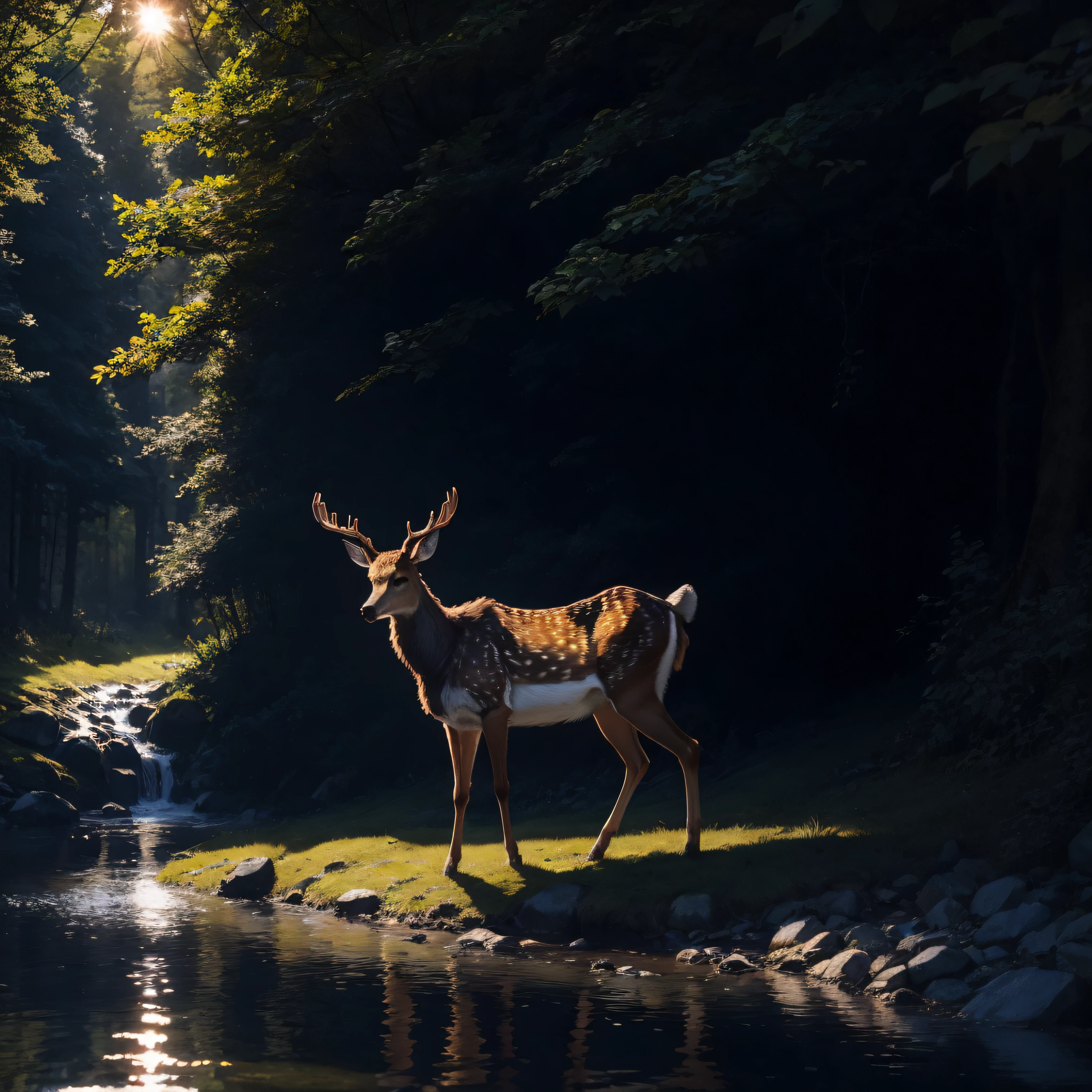 A majestic deer with a glossy coat of fur, standing in a sun-dappled clearing in a lush forest, flowers, plants, a small river nearby, printable