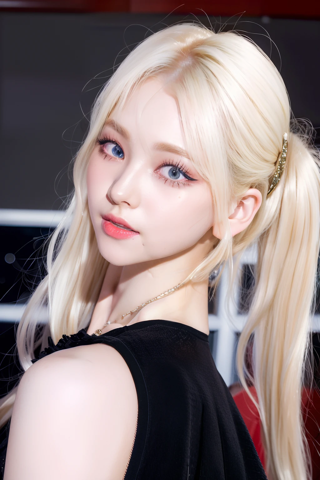 (8k, 4k, best quality, highres, ultra high res:1.1), (masterpiece, realistic, photo-realistic:1.1), 1girl, face, close-up, twintails, blonde hair, black eyes, red lips, (looking at viewer:2), absurdly long hair, long eyelashes, eyeshadow, small face, big eyes,
bare shoulders,
high contrast,