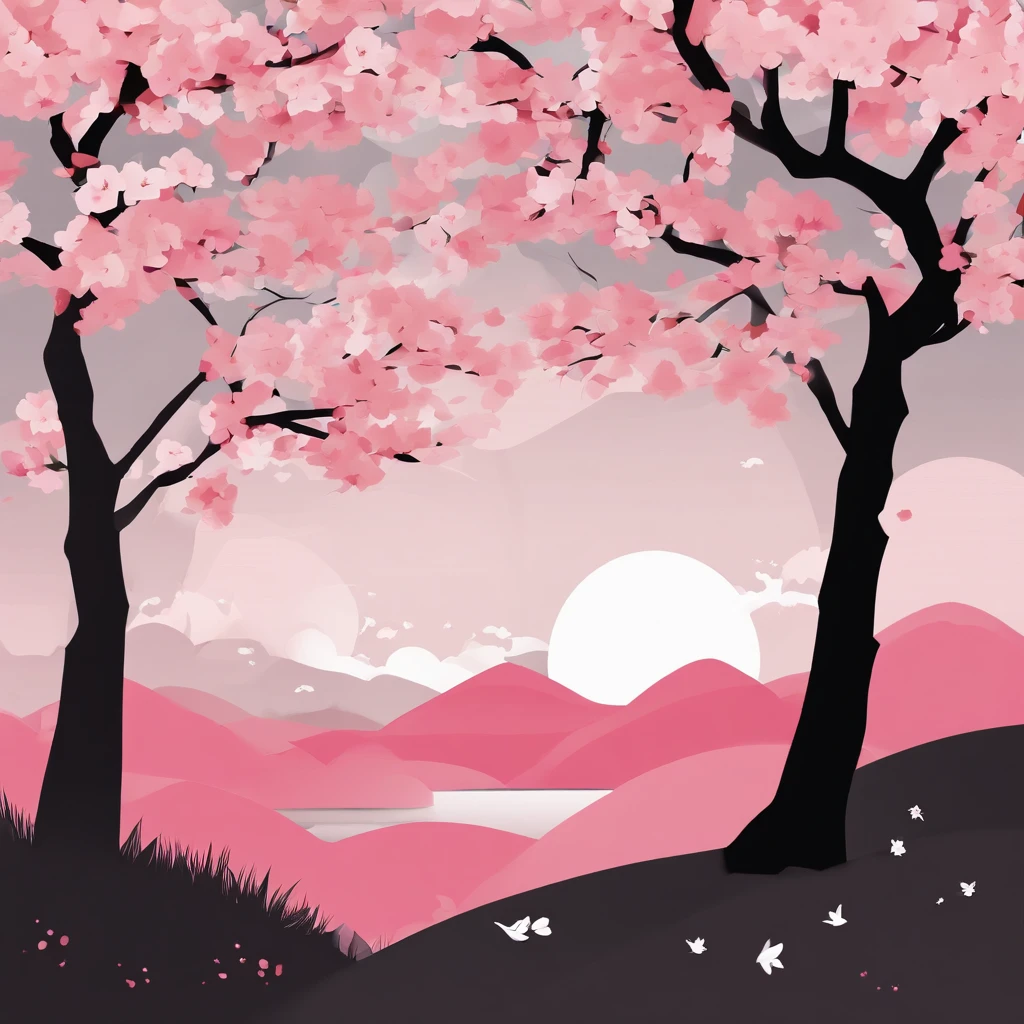 Masterpiece, Best quality, Night, hill, Clouds, full moon,Pink snow cherry blossom variety