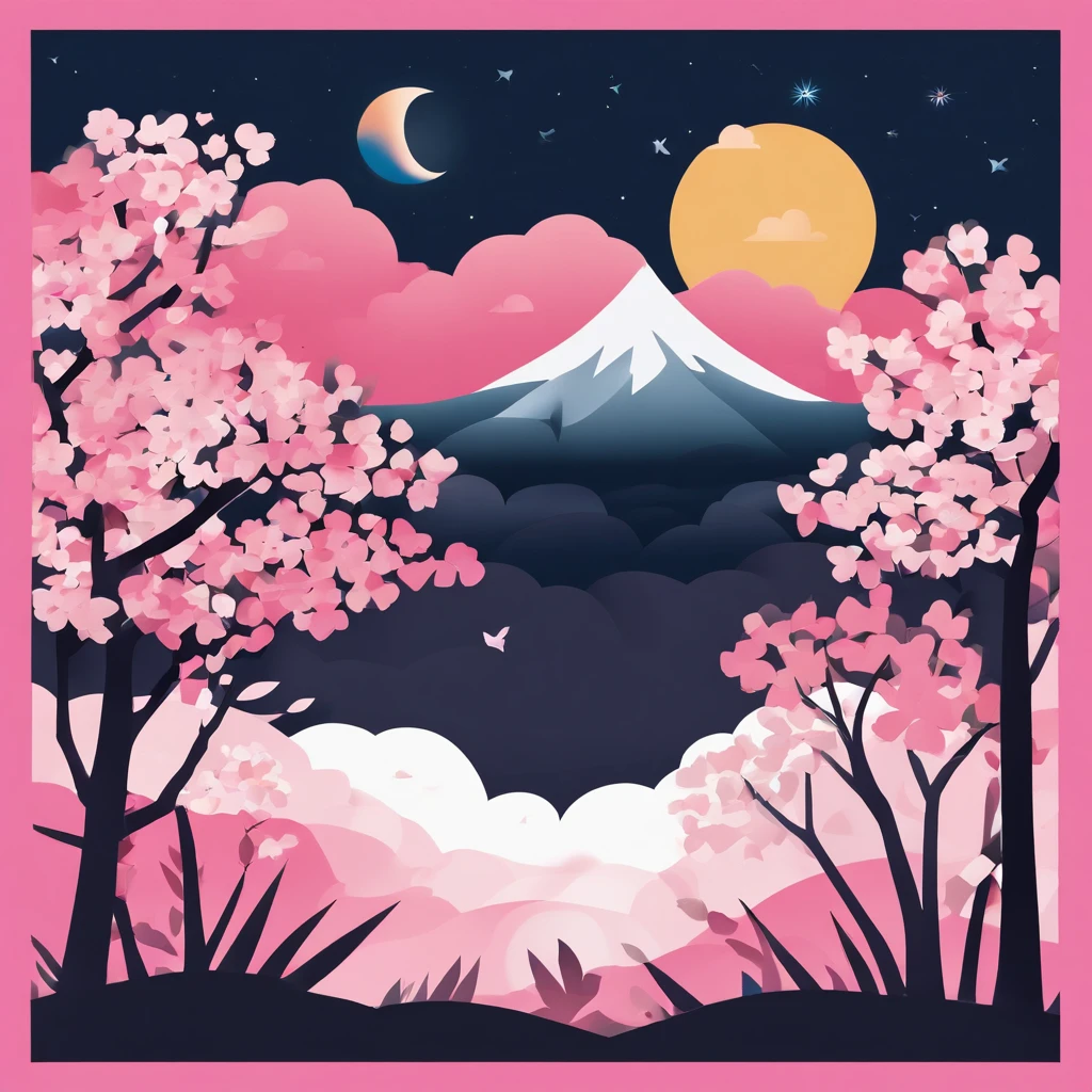 Masterpiece, Best quality, Night, hill, Clouds, full moon,Pink snow cherry blossom variety