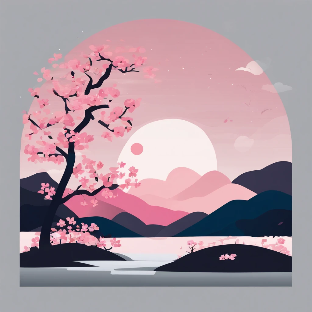 Masterpiece, Best quality, Night, hill, Clouds, full moon,Pink snow cherry blossom variety