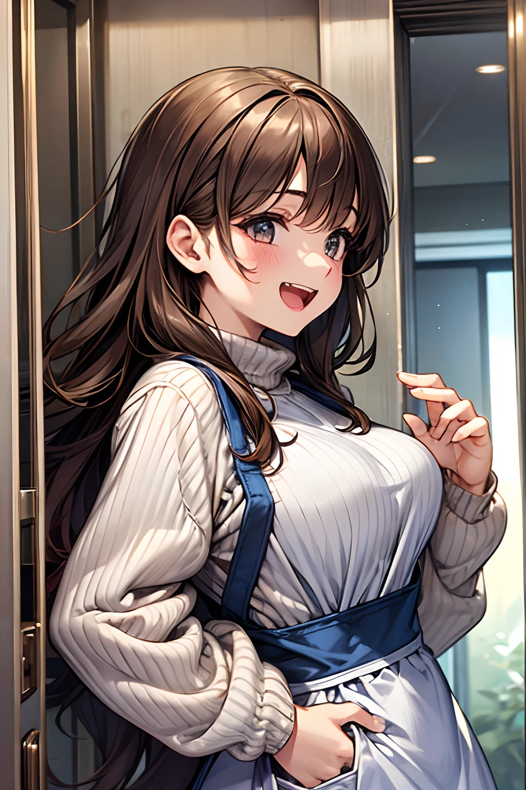 ((1girl in)), Curate, Anatomically correct, Super Detail, top-quality, Very delicate, The upper part of the body, Very petite and cute girl , (Breasts are big:1.5), very baby face, Brown hair, loose and fluffy semi-long hair, ((Cute apron)), White long sleeve sweater, Denim shorts, Doorway of a modern high-rise apartment building, farewell, Laughing with open mouth, from the front side