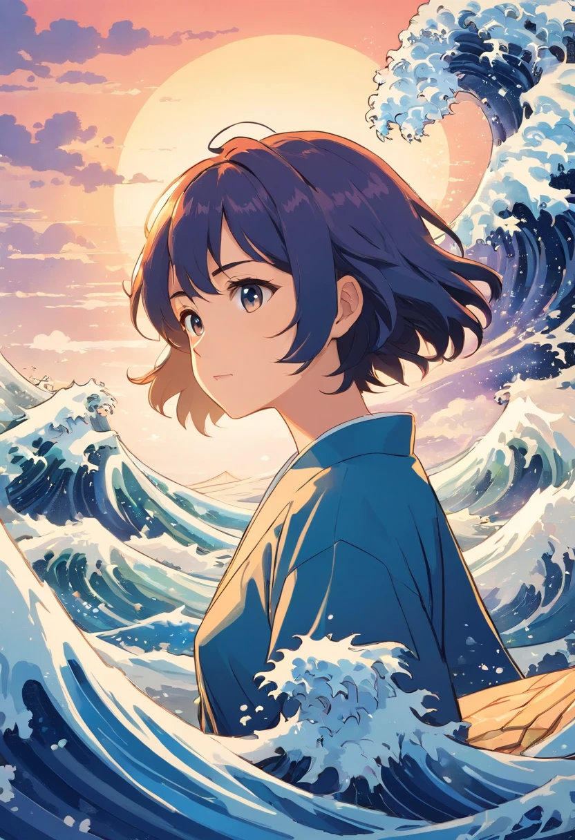 Repeat up, 、hokusai style, style of hokusai, ukiyoe painting,Mosaic is strong、Pixel art、Artistically、The Great Wave of Kamikawa