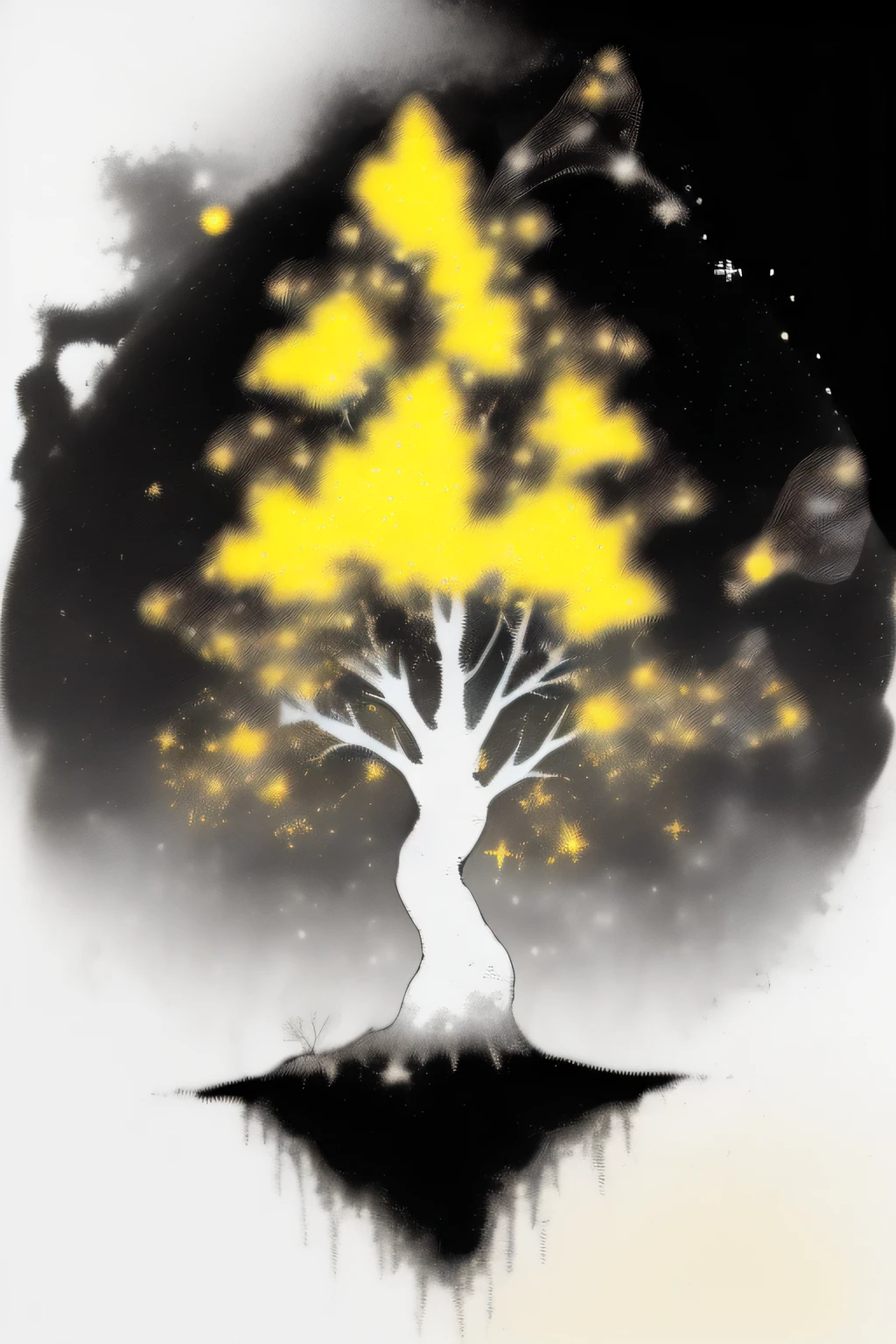 (particle texture:1.6), Divisionism, simple, (thick white outline:1.4), impasto, (limited palette, yellow), anaglyphy, (relief craft), backlight, silhouette, yellow and black, noline art, monochrome:2 , partially colored, (alternate color):1.4, black shadow, smoke:1.2
((black) tree) , (yellow deer),white deer, city