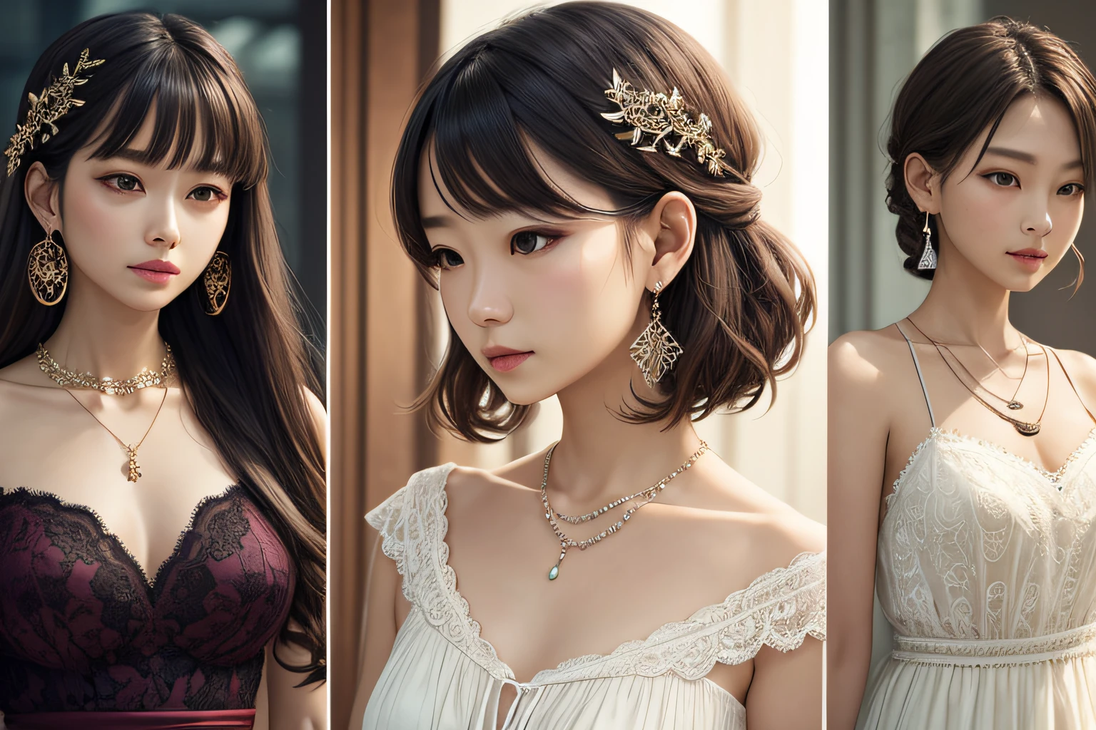 intricate lace、complex dress、intricate hair ornament、Complex earrings、Complex necklaces、