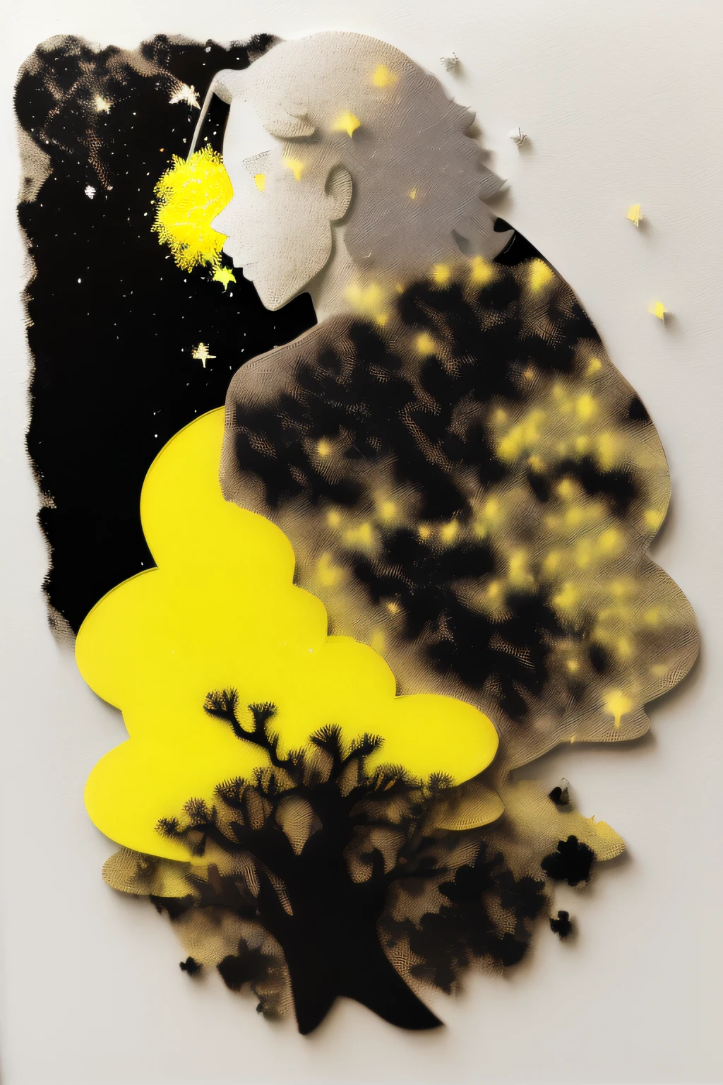 (particle texture:1.6), Divisionism, simple, (thick white outline:1.4), impasto, (limited palette, yellow), anaglyphy, (relief craft), backlight, silhouette, yellow and black, noline art, monochrome:2 , partially colored, (alternate color):1.4, black shadow, smoke:1.2
((black) tree) , (yellow deer),white deer, city