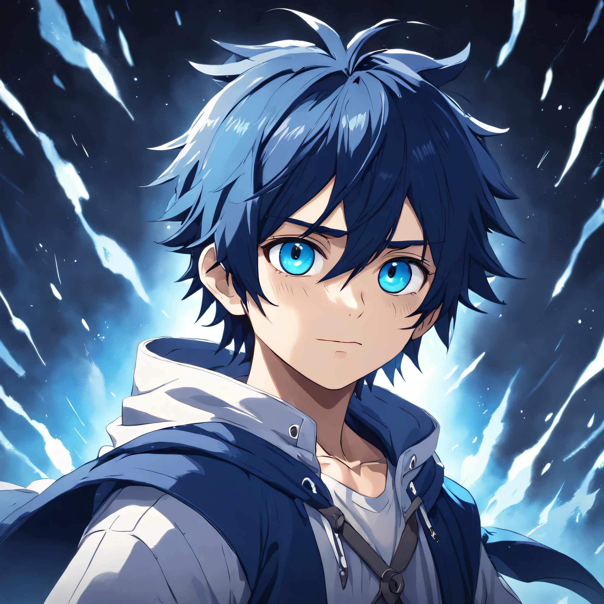 tmasterpiece，best qualtiy，cinematic Film still from，Cute bear orcs，Boy，Hair color：Dark blue，Hair color：white colors，Pupil color：cyan colors，shaggy，adolable，rays of sunshine，ssmile，Black and white clothes，Chubby，Boy，Background with：rays of moonlight，action：No missing hands