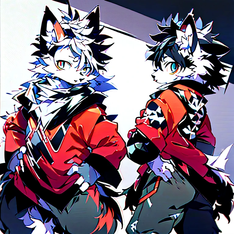 Red and white hair，Male wolves，furry,Masterpiece，Dark blue eyes，Black  shorts，white backgrounid