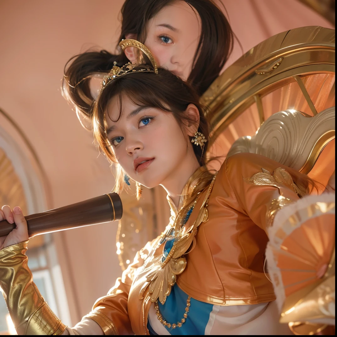 Blue eyes, brown hair, detail, ultra detail, 8k, hd, super hd, high definition, highly detail, middle bang,bring big fan, princess iron fan, earing, orange, big gold fan, holding a holder of a big fan,