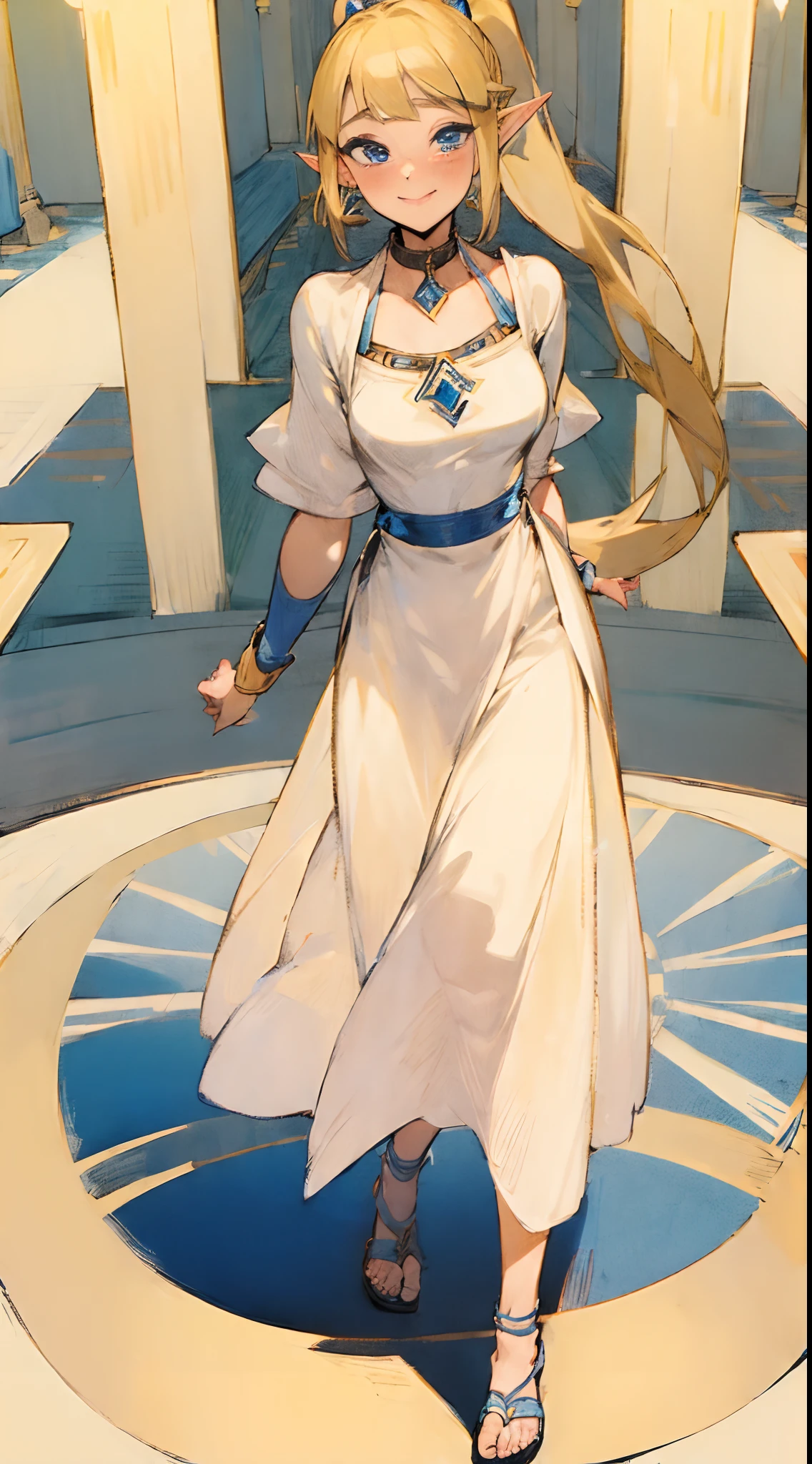 (adult woman:1.6)(masterpiece, best quality:1.2), 1girl,solo,(looking at viewer), princess, Zelda, white knee-long dress, blonde hair, blue eyes, palace, ponytail,(blushing), (collar), (smiling:0.7),(see-through:0.3)(eyes open:1.3),(excited:0.4)(surprised:0.2),sandals,standing