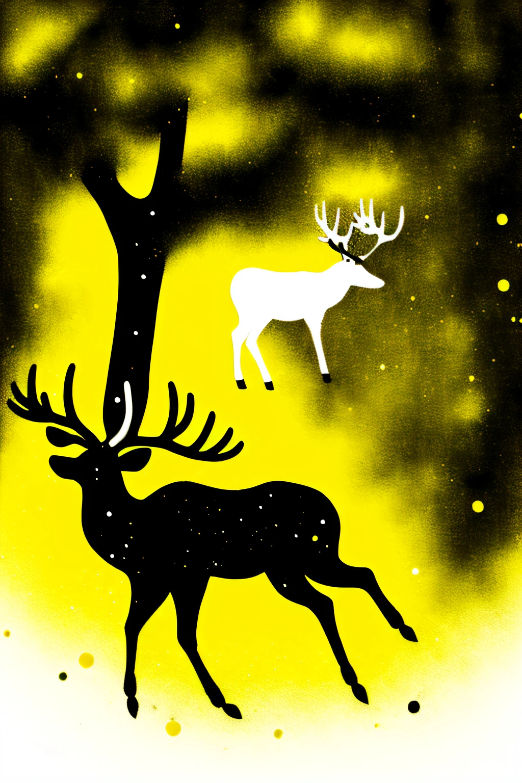 (particle texture:1.6), Divisionism,  simple, (thick white outline:1.4), impasto,  (limited palette, yellow), anaglyphy, (relief craft), backlight, silhouette, yellow and black, noline art, monochrome:2 , partially colored, (alternate color):1.4, black shadow, smoke:1.2 
((black) tree) , (yellow deer),white deer, city