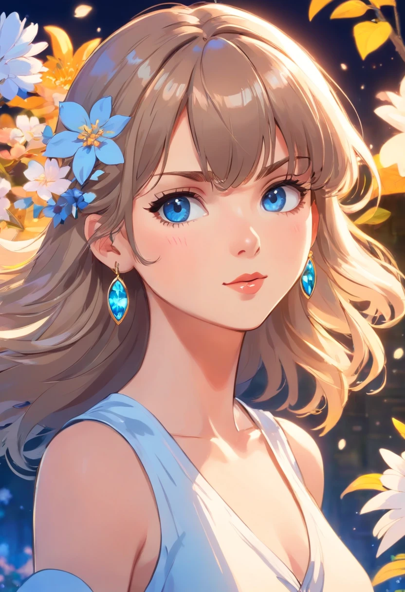 Taylor swift character,taylor portrait ,2d shading ,2d light,masterpiece, best quality, illustration, sax blue, platinum earrings, platinum necklace, white dress, 1girl, cute, (dynamic lighting:1.2), cinematic lighting, delicate facial features, detailed eyes, sharp pupils, realistic pupils, depth of field, bokeh, sharp focus, (hyper-detailed, bloom, glow:1.4), many small gems