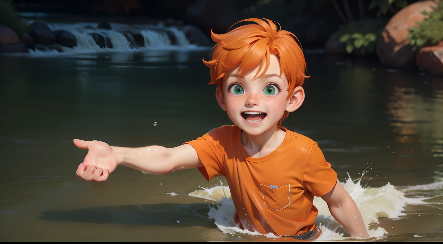 with orange hair, green eyes, wearing an orange shirt, all wet in a river, with a happy expression, pixar disney cartoon style