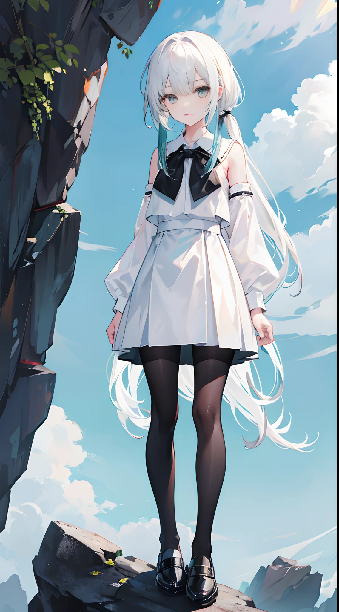 Horsetail on one shoulder side,white color hair,White eyes,F-cup,s girl,Black school uniform,Black silk pantyhose,Black leather shoes,standing on the rock