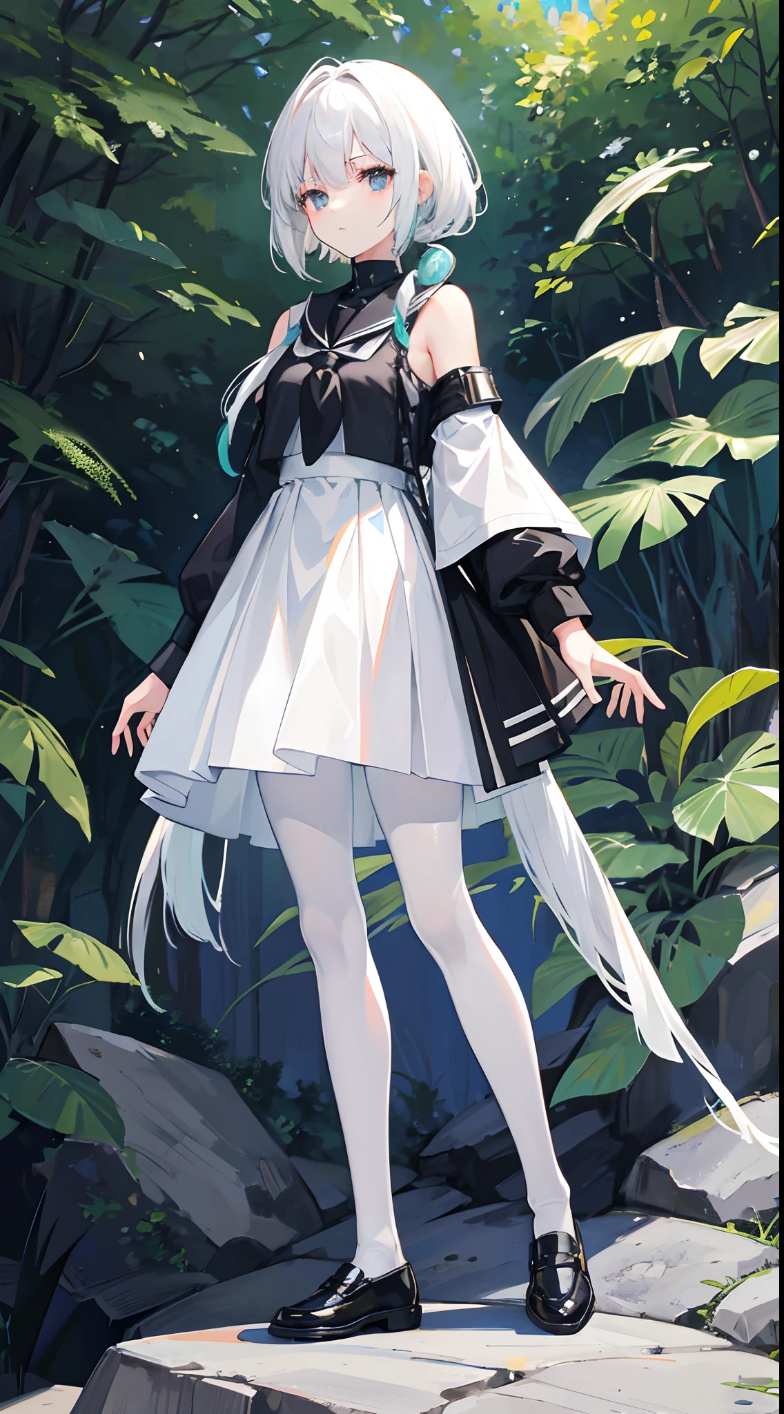 Horsetail on one shoulder side,white color hair,White eyes,F-cup,s girl,Black school uniform,Black silk pantyhose,Black leather shoes,standing on the rock
