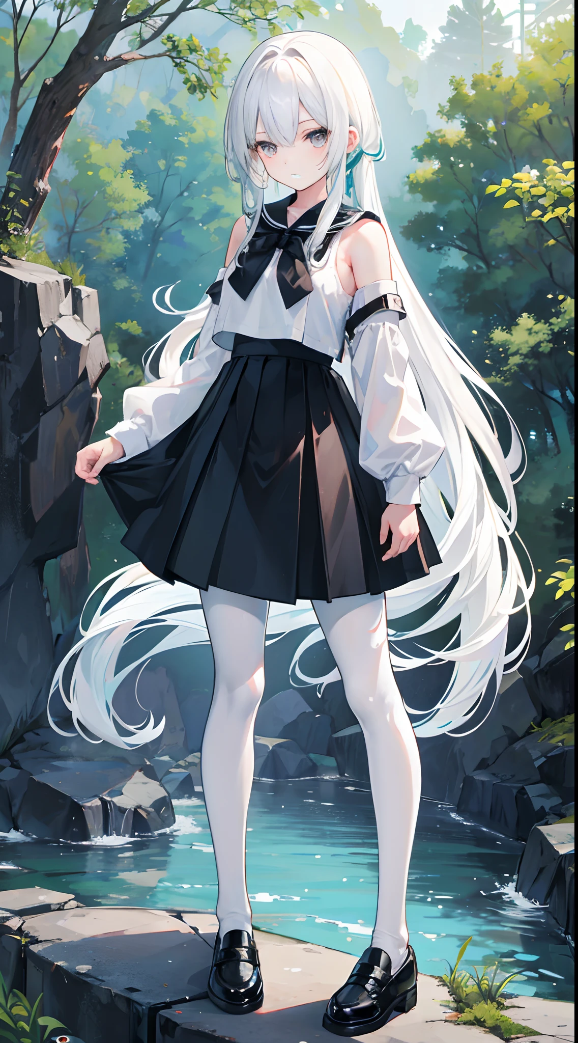 Horsetail on one shoulder side,white color hair,White eyes,F-cup,s girl,Black school uniform,Black silk pantyhose,Black leather shoes,standing on the rock