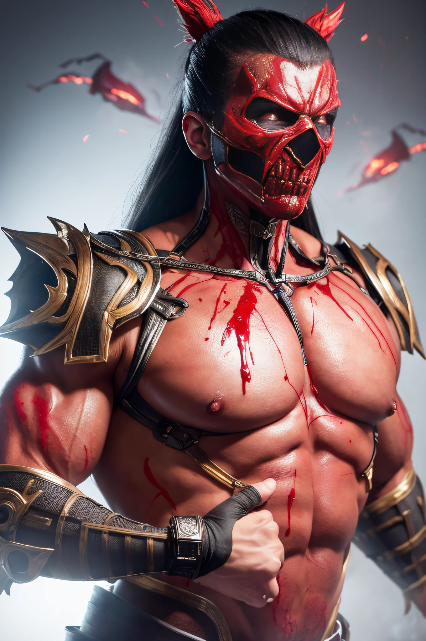8k、Mortal Kombat、rialistic photo、One Woman、Musculoskeletal system、blood splashing、Straight fuselage、Maniacal、death mask、fight、Blood vessels are protruding