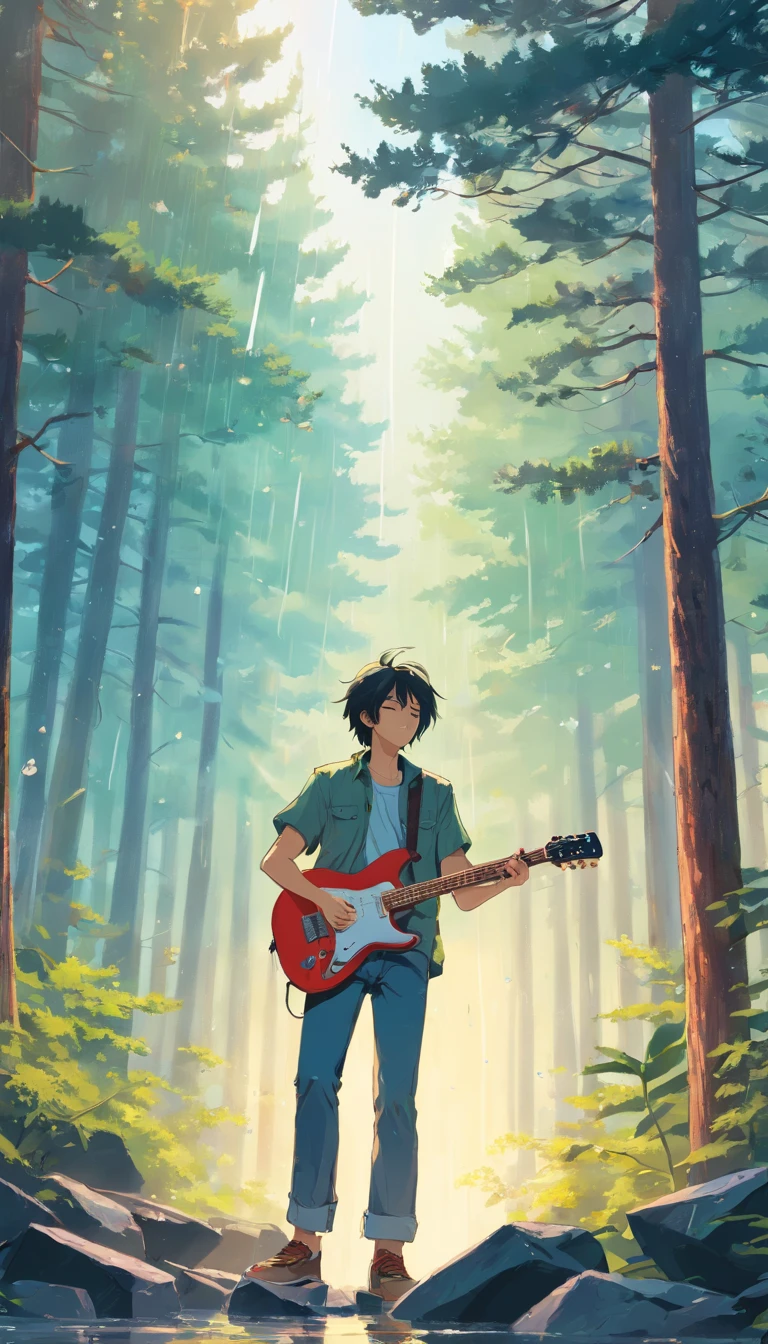 guitarist, long hair, rain, pine trees, NOON, SUN, pack of cigarettes, grunge, rock, heavy metal,