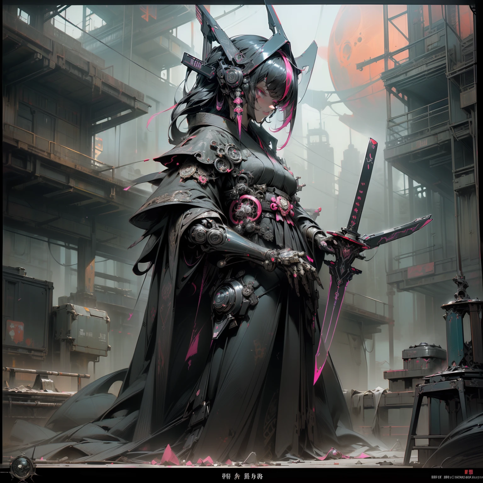 (masterpiece、top-quality、top-quality、Official art、Beautifully Aesthetic:1.2)、(1girl in)、ighly detailed、(Fractal Art:1.3)、colourfull、Best Detail Future City, Cyberpunk, Violence, decadence, Future Society, Ocean Sea Art Bot Txt2Img Default 06:49:59 (((Best Quality))), ((masutepiece)) Full body, Femme Fatale Cyborg Assassin, (((With countless swords))) With black glossy futuristic mask, Dark grey metal body armor, Wear ((Traditional black kimono, Neofuturistic visual aesthetics, ((Perfect robotic eyes)) ((perfect symmetry)), Perfect face, Perfect body, Detailed white ink body art, dark palette, Black Neon Tips, Neo-Noir Japanese, Colorful tag graffiti on metal body frame and helmet, Dark Neo Noir Cyber, The composition is dark & A future with a retro 80s retro twist & Visual aesthetics of synthwave, Sci-fi horror, Dark sci-fi horror overtones, Red moon on dark post-apocalyptic building background, Dark ominous clouds, Dystopian atmosphere, Dash's (Dark pulp surrealism), Undeservedly beautiful, cgsociety, Low fidelity dark grunge core, neon noire, Apocalypse Art, Dystopian Art, Sabatier Filter, Cinematic lighting, dieselpunk, Black ink splatters and oil grunge, enigmatic, Forbidden art, Perfect composition, Fits within the frame, Strangely ominous, Nightmare fuel, Intricate details,Neon Horror St................ 3D Unreal Engine Rendering, A dark story is unfolding, 4K(masterpiece、top-quality、top-quality、Official art、Beautifully Aesthetic:1.2)、(1girl in)、ighly detailed、(Fractal Art:1.3)、colourfull、