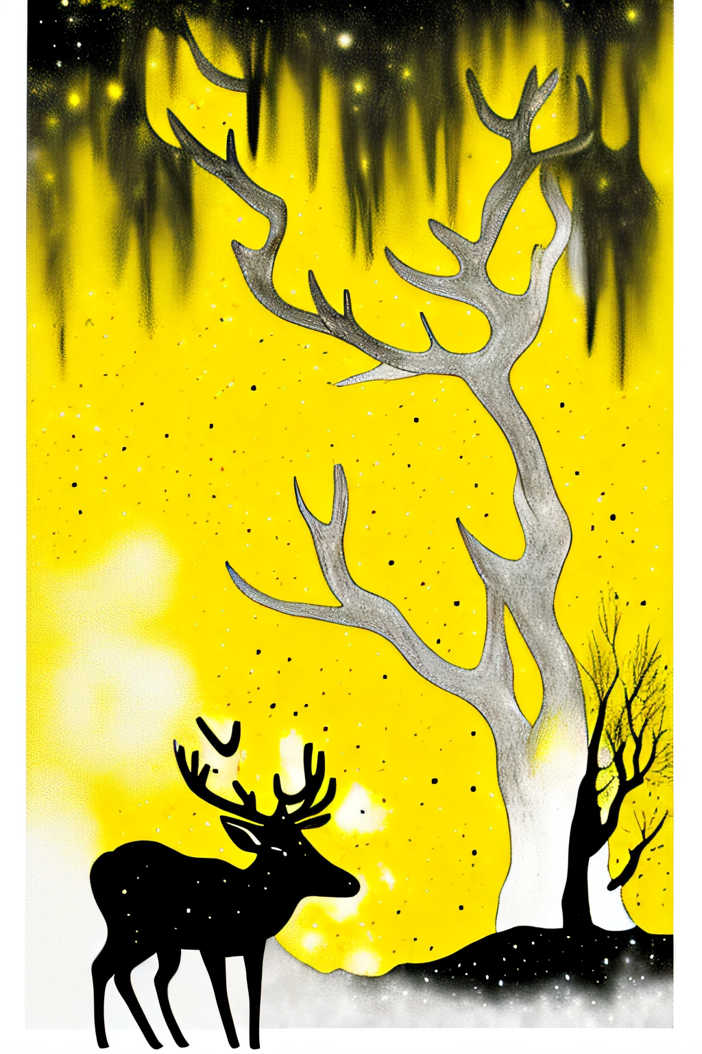 (particle texture:1.6), Divisionism, simple, (thick white outline:1.4), impasto, (limited palette, yellow), anaglyphy, (relief craft), backlight, silhouette, yellow and black, noline art, monochrome:2 , partially colored, (alternate color):1.4, black shadow, smoke:1.2
((black) tree) , (yellow deer),white deer, city