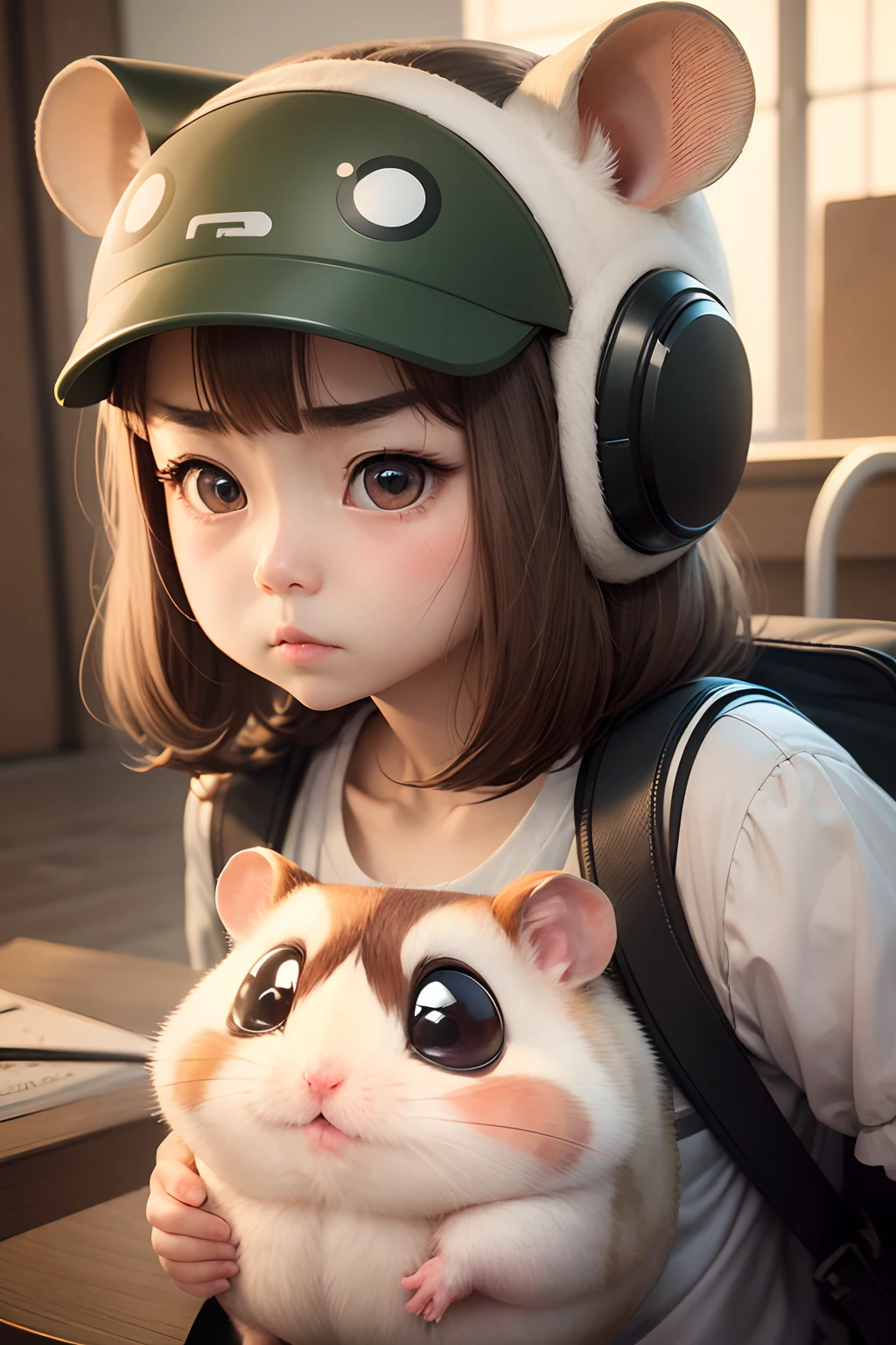 Hamster headgear、middle school girl、Angry with raised eyebrows、Thick、Muchimuchi、Plump