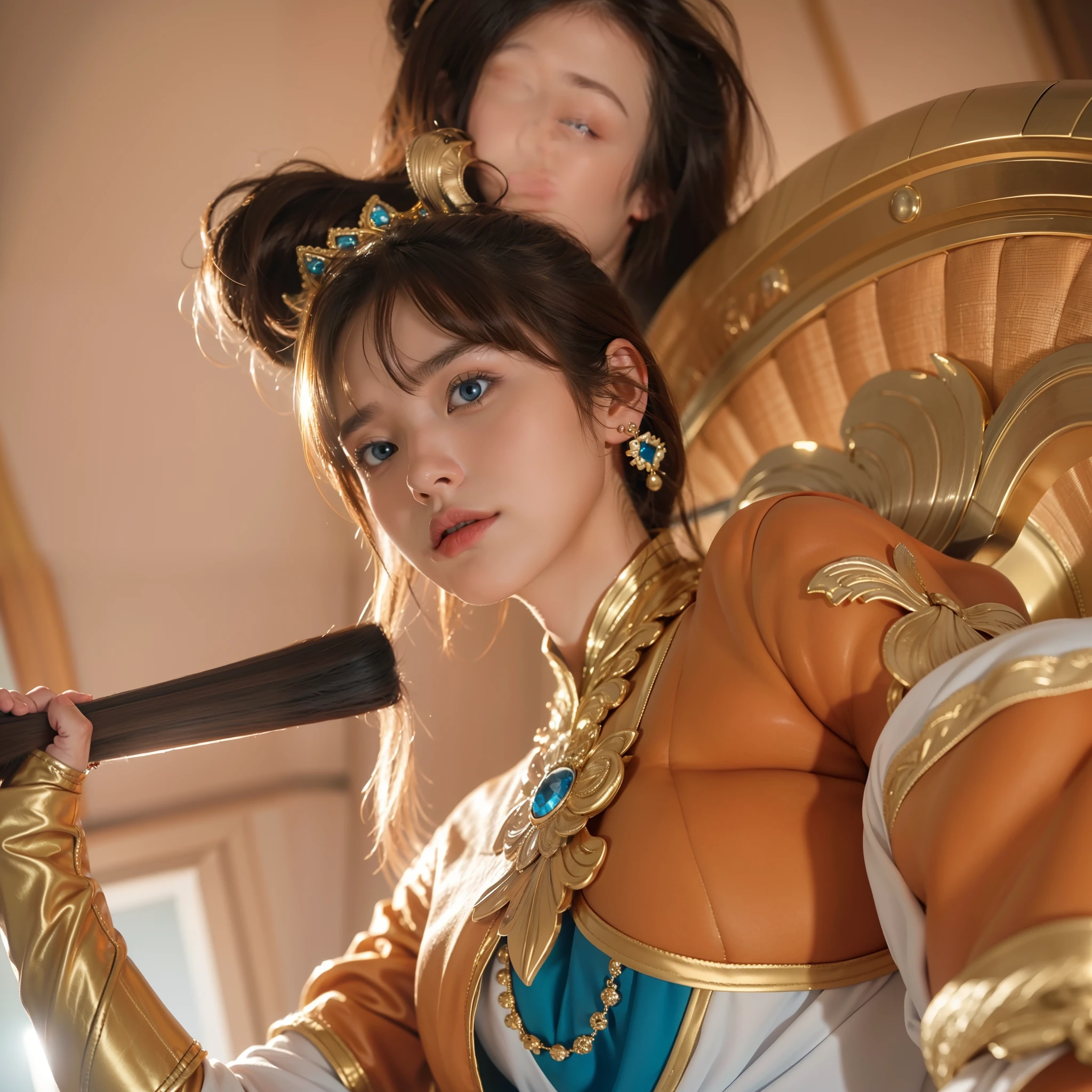 Blue eyes, brown hair, detail, ultra detail, 8k, hd, super hd, high definition, highly detail, middle bang,bring big fan, princess iron fan, earing, orange, big gold fan, holding a holder of a big fan,