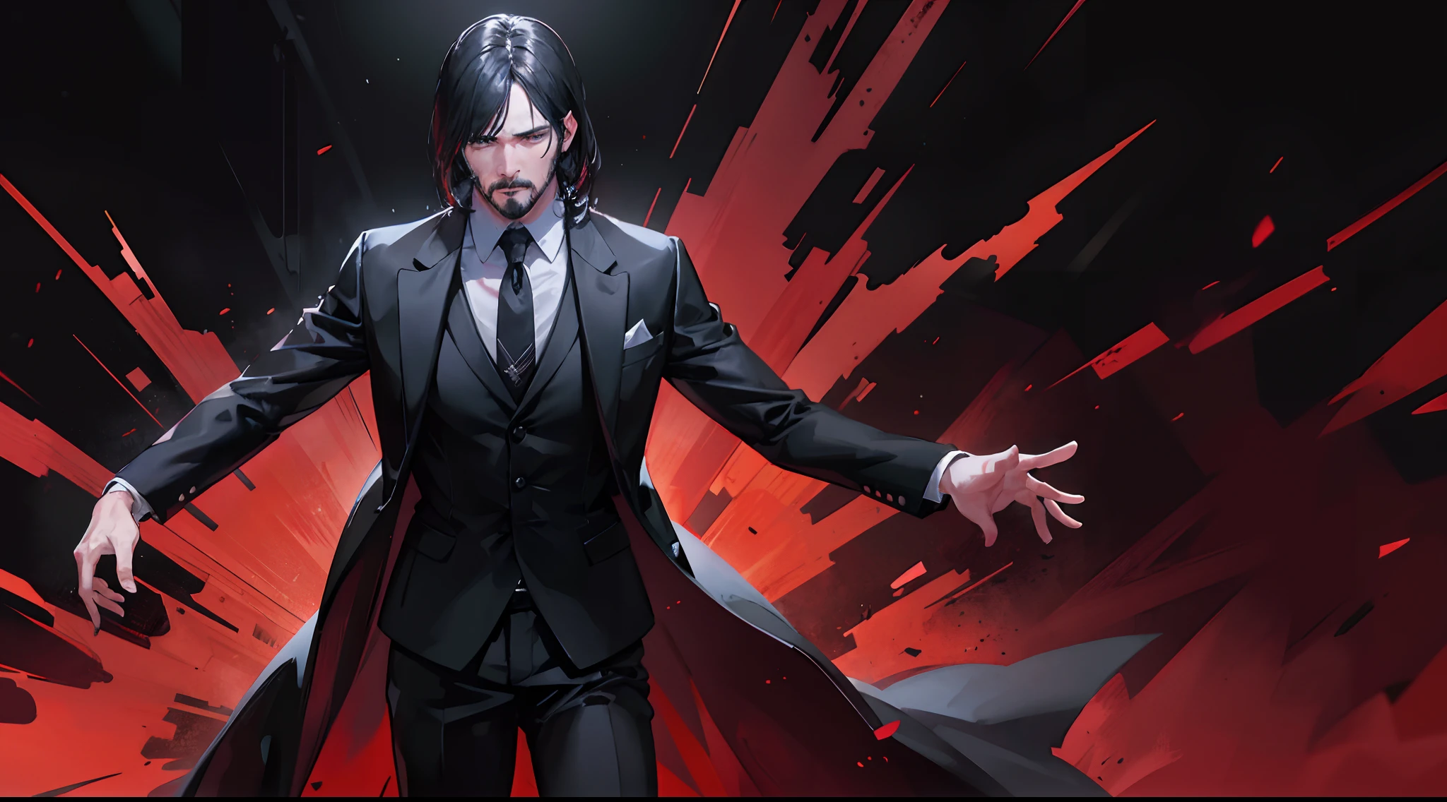 1 John Wick, Black Coat suit, badass, blood shattered background, dead men around him, killing, anger, looking at viewers in vengeance, epic 8k, vengeance eyes, high quality, highly detailed, 8k