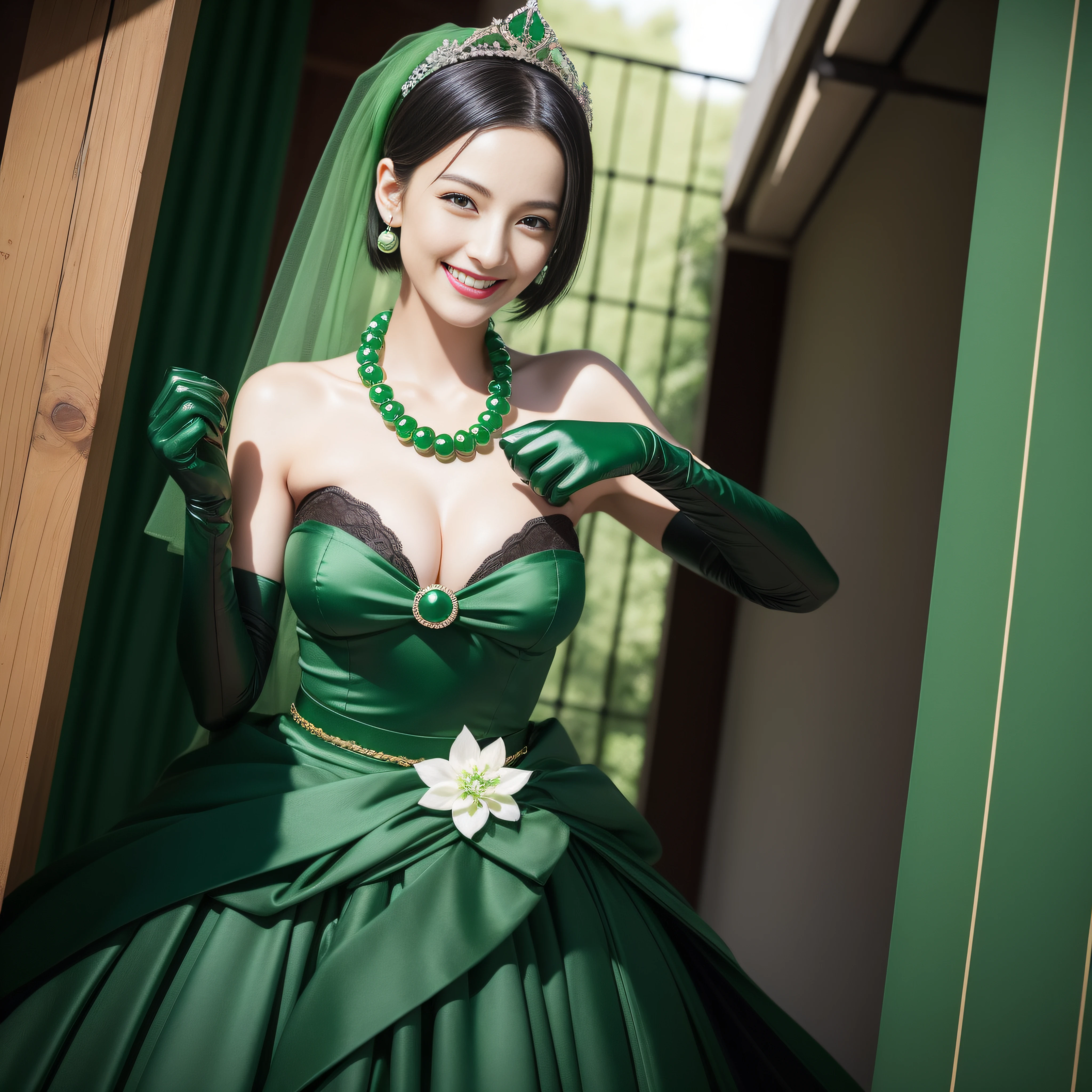 Boyish very short black hair, lipsticks, Japan woman smiling, Green Long Grove, Emerald Tia boyish very short black hair, lipsticks, Japan woman smiling, Satin green long gloves, Green Pearl Necklace, verd s eyes, Green eyes, Long green gloves made of satin material, big breasts beautiful, Green Bridal Veil, Green eyes, Emerald Earrings,emerald tiara