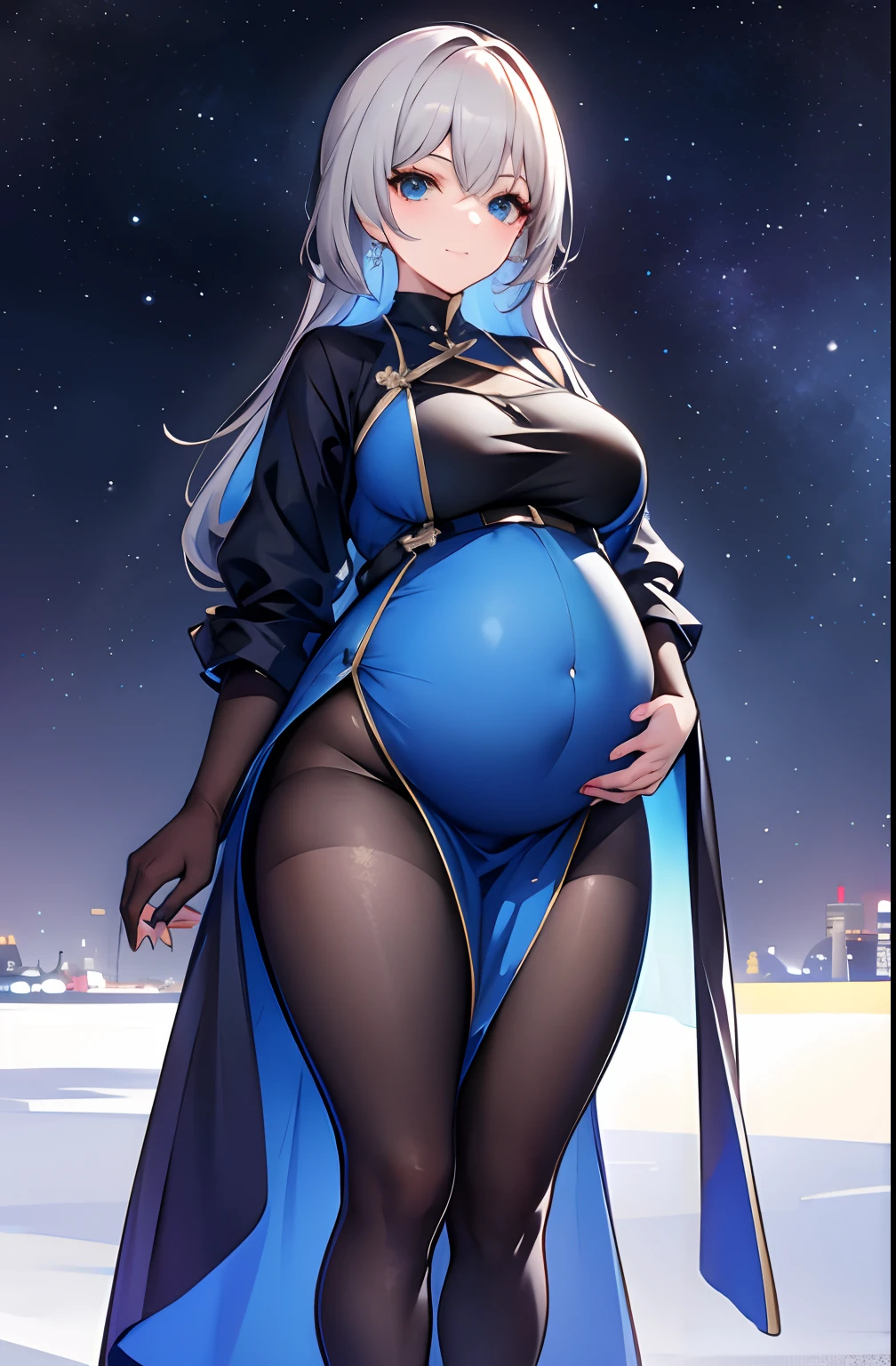 1girll,nightcity,Sateen,coat large,Put your hands in your pockets,Pregnant belly, One-piece tights, cabelos preto e longos, Large breasts, Raised sexy, Charming eyes, ssmile, style of anime, 8K, Super detail, The highest quality pregnant belly, Maternity wear,Maternity wear,Pregnant belly,Pregnant belly