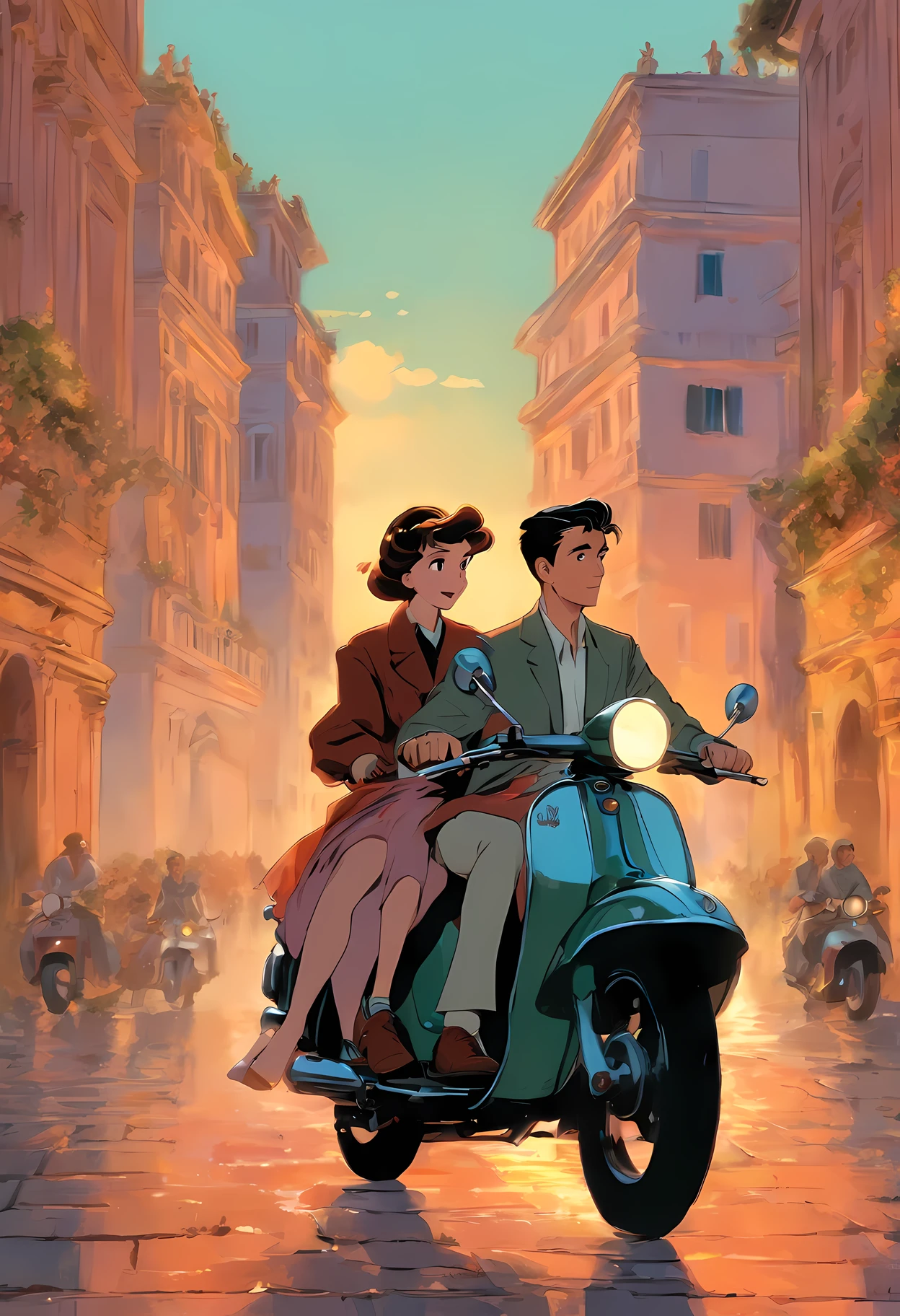 An illustration of Roman Holiday, an illustration of a Roman Holiday scene in which two people travel on a moped, the theme of the illustration is freedom and love. This scene shows Princess Anne and Joe enjoying their freedom and falling in love. Audrey Hepburn and Gregory Peck
BREAK,
The back view of two people riding a motorcycle, the view of two people riding a motorcycle looking at the cityscape of Rome, the view of two people riding a motorcycle illuminated by the sunset,
Expressing Princess Anne in bright colors, expressing Joe in dark colors, expressing the streets of Rome in colorful colors, expressing the sunset in warm colors, Hepburn's distinctive eyes, and Hepburn's beauty. Express with colors that emphasize