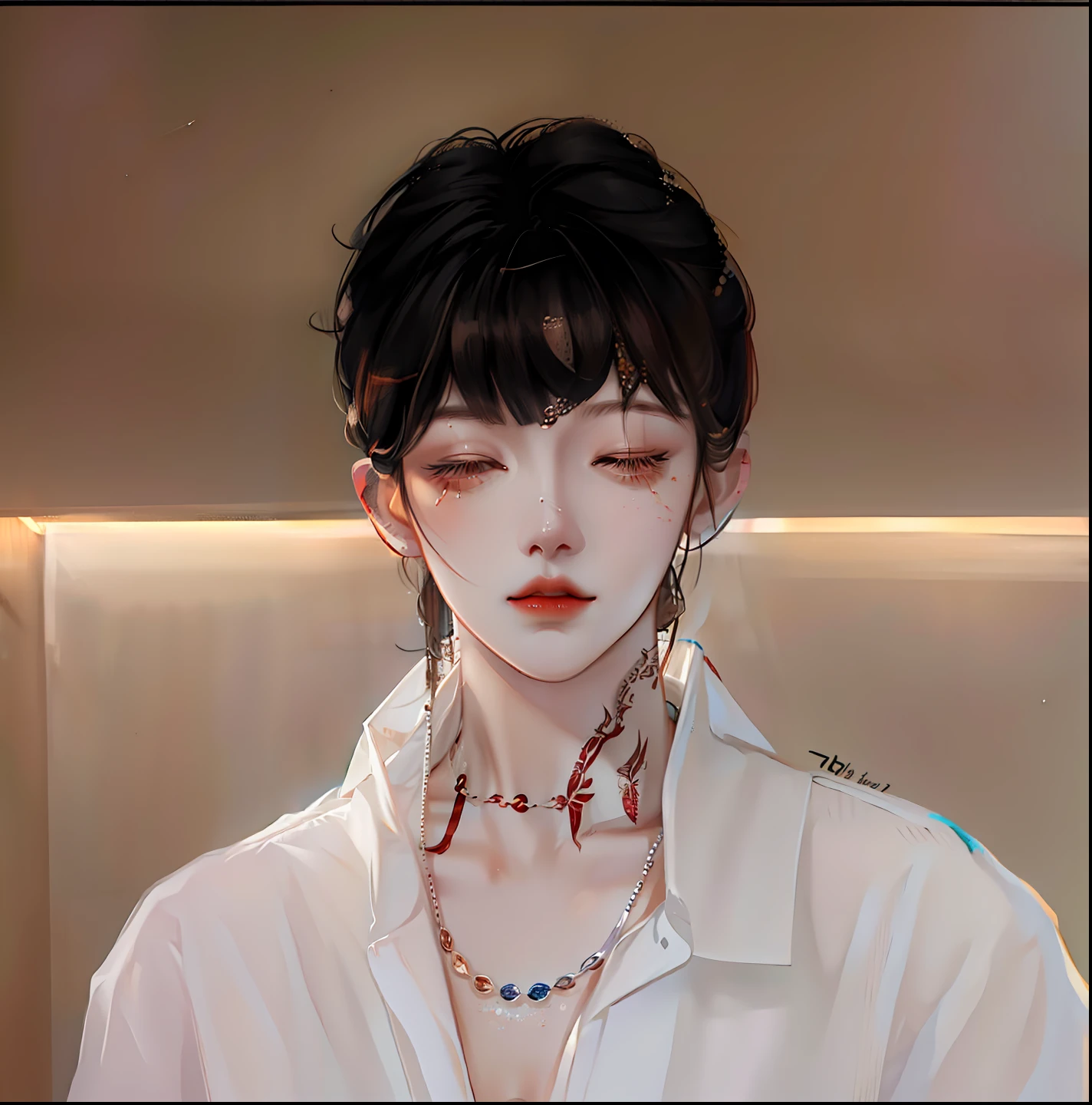 1man, sleepy face, white clothes, necklace, tatto in the neck, red lips, korean, realistic, 70mm lens, ultra detail,