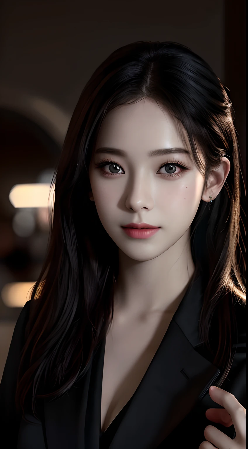 best quality, masterpiece, 1girl, Beautiful face, (photo realistic:1.3), rim lighting, (high detailed skin:1.2), 8k uhd, dslr, high quality, high resolution, 4k, 8k, Bokeh,  absurdres, best ratio four finger and one thumb, (realistic:1.3), cute 1girl, wearing black formal blazer, medium breasts, short skirt,